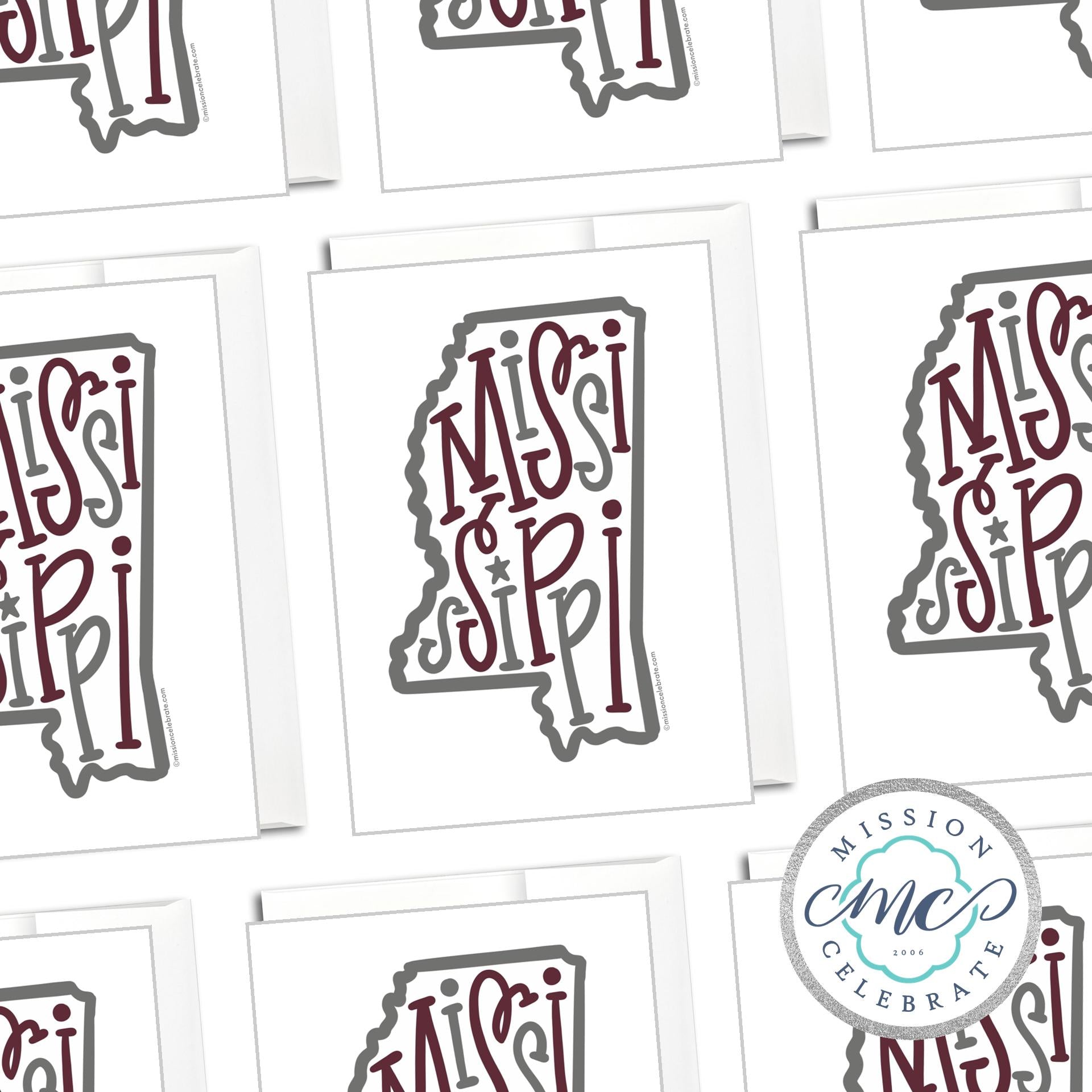 Mississippi Greeting Cards: Maroon & Gray Handlettered State Design by Main Street Collective