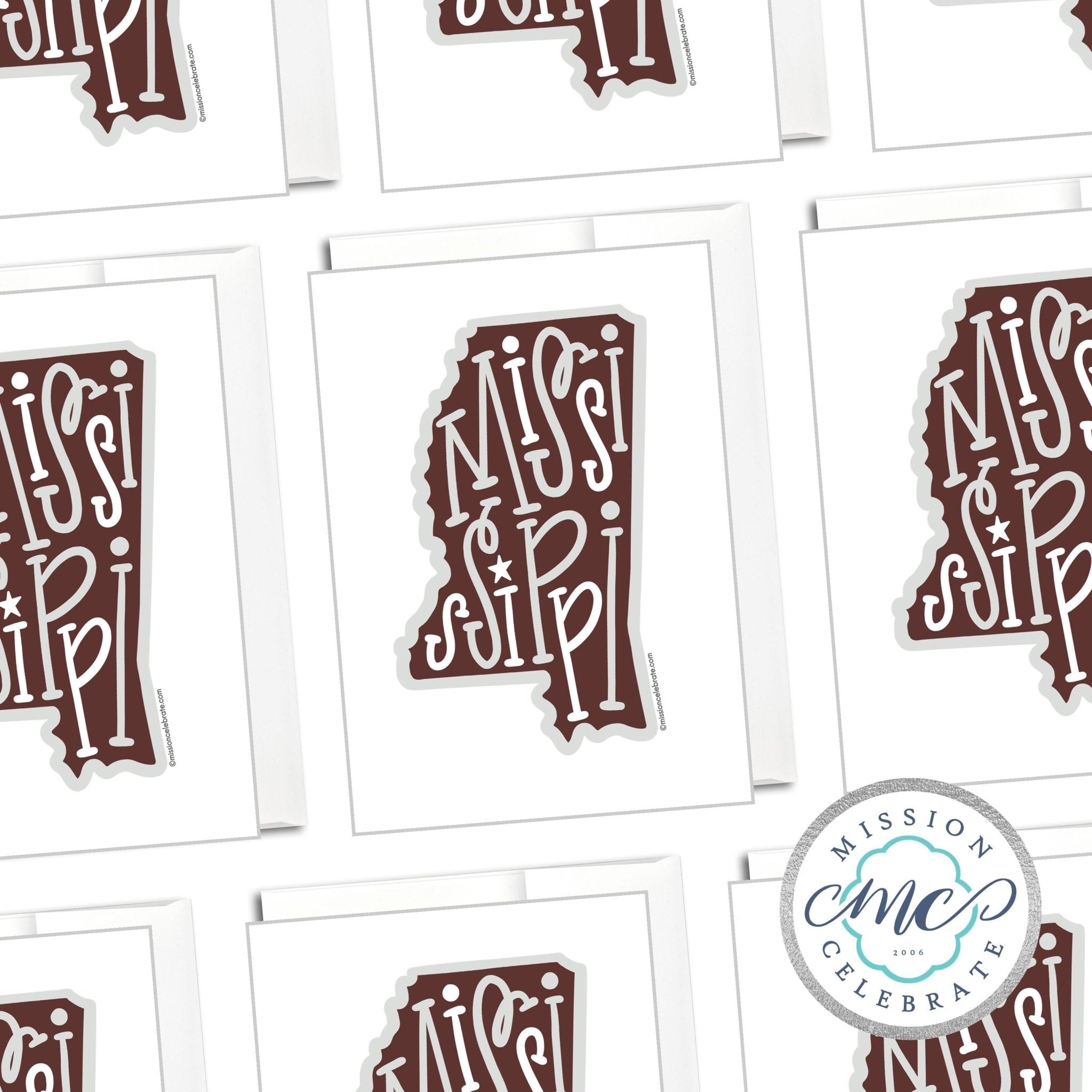 Mississippi Bouncy Letters Art Greeting Cards Maroon Gray. Hand-lettered card by Leslie Gonce.