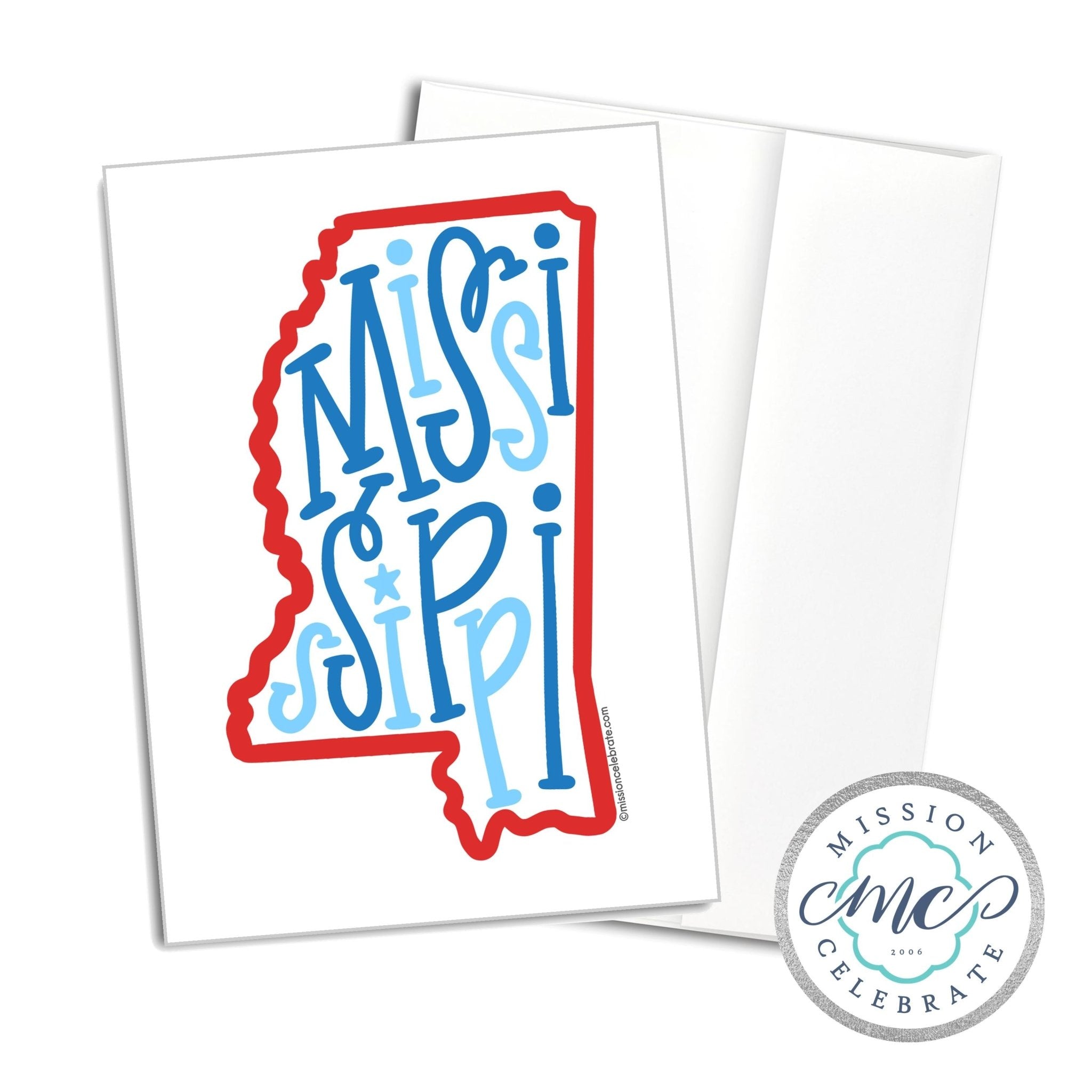 Mississippi Greeting Card - Handlettered Art, Bouncy Letters, Note Card, Red and Blue, Ole Miss Colors