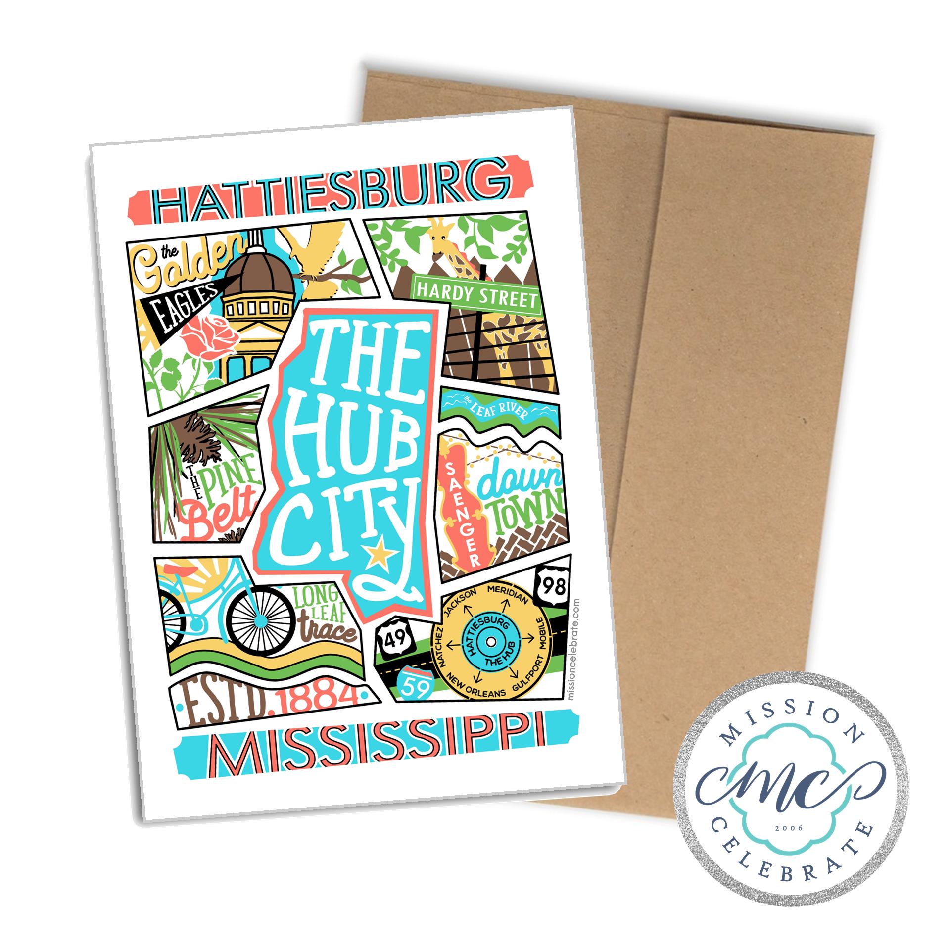 Hattiesburg The Hub City Collage Art by Mississippi Artist ©LeslieGonce Greeting Cards (A7 Size 5"x7" folded note note card with envelope)