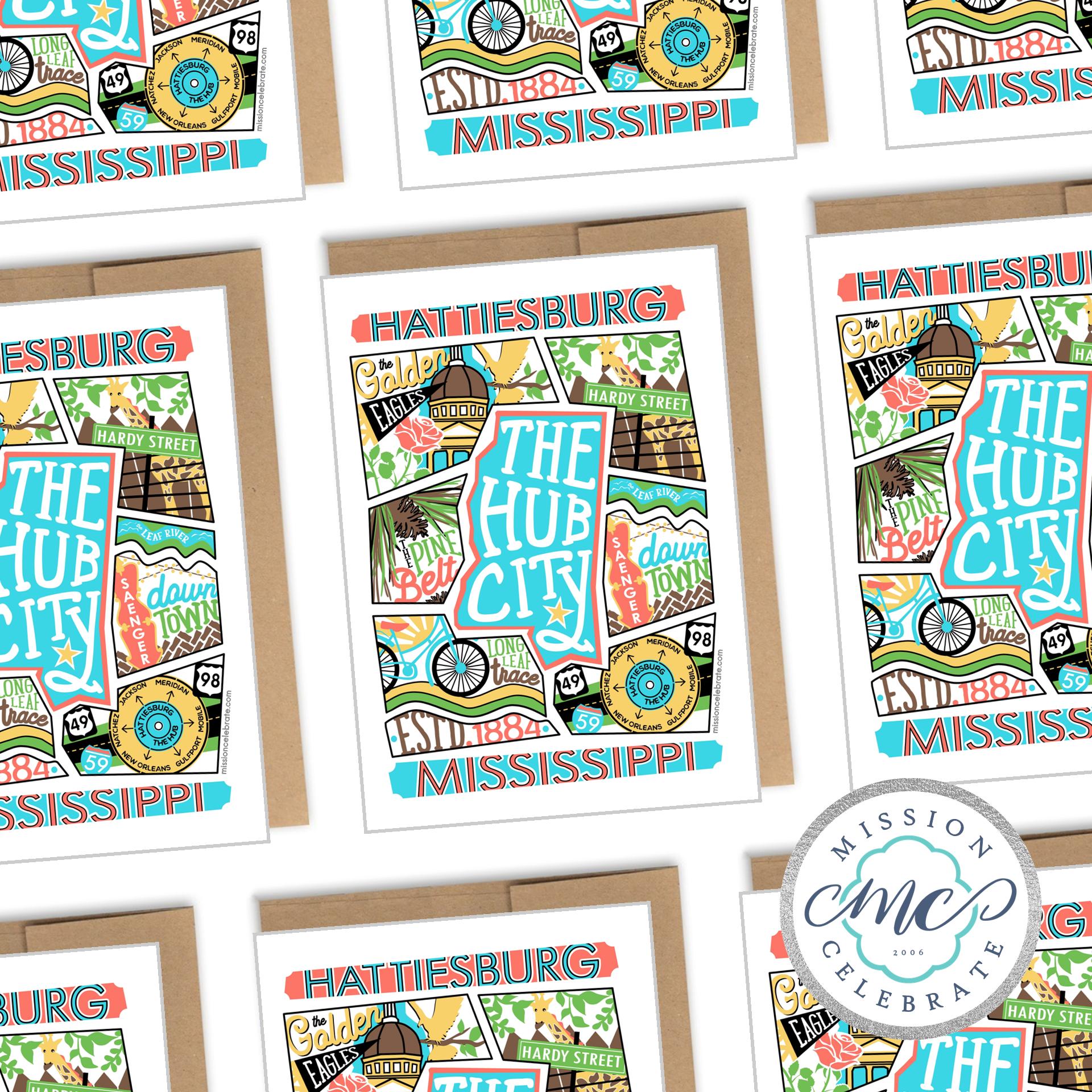 Hattiesburg The Hub City Collage Art by Mississippi Artist ©LeslieGonce Greeting Cards (A7 Size 5"x7" folded note note card with envelope)