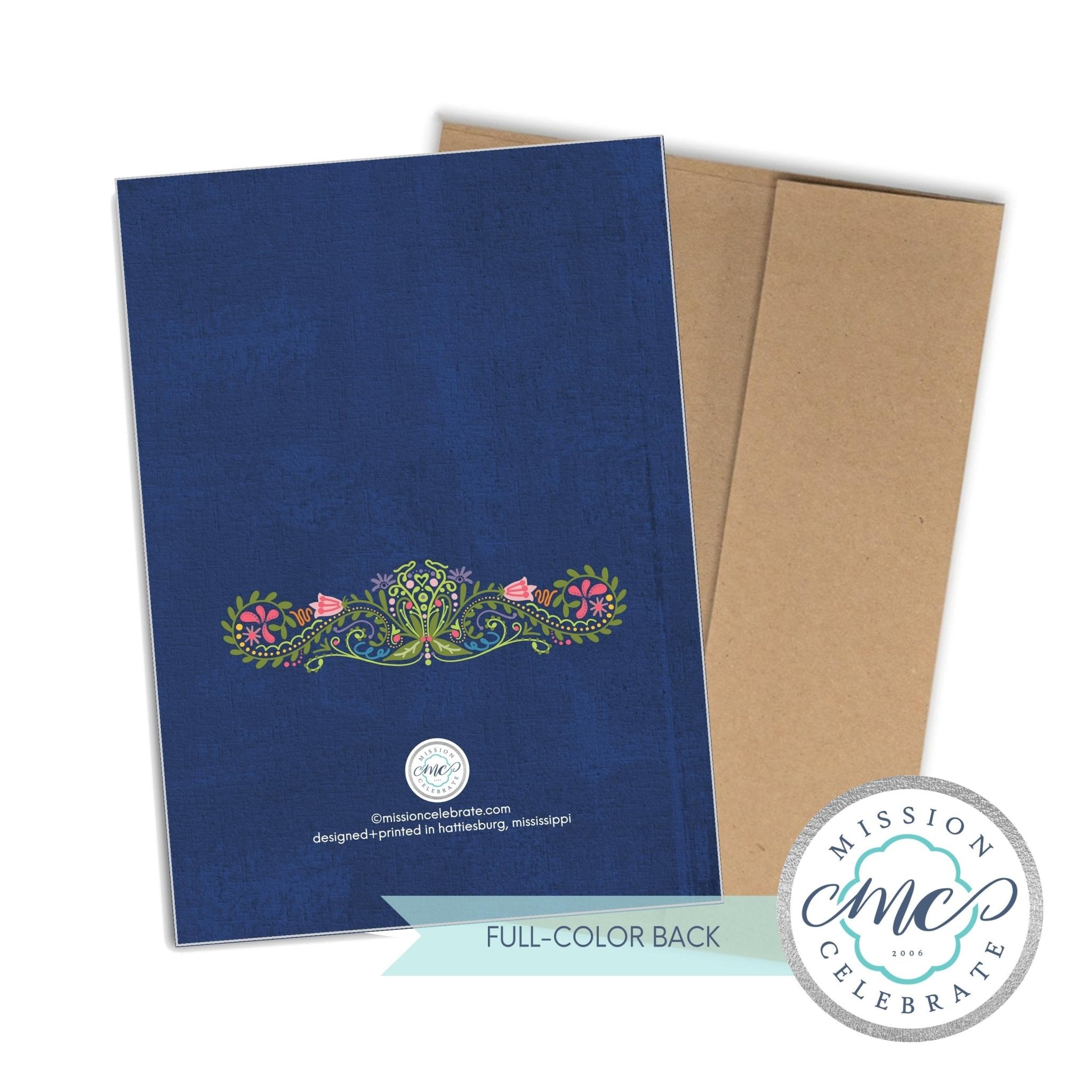 Handmade Mother's Day card with floral design, crafted in Mississippi. A7 note card with envelope by Mission Celebrate.
