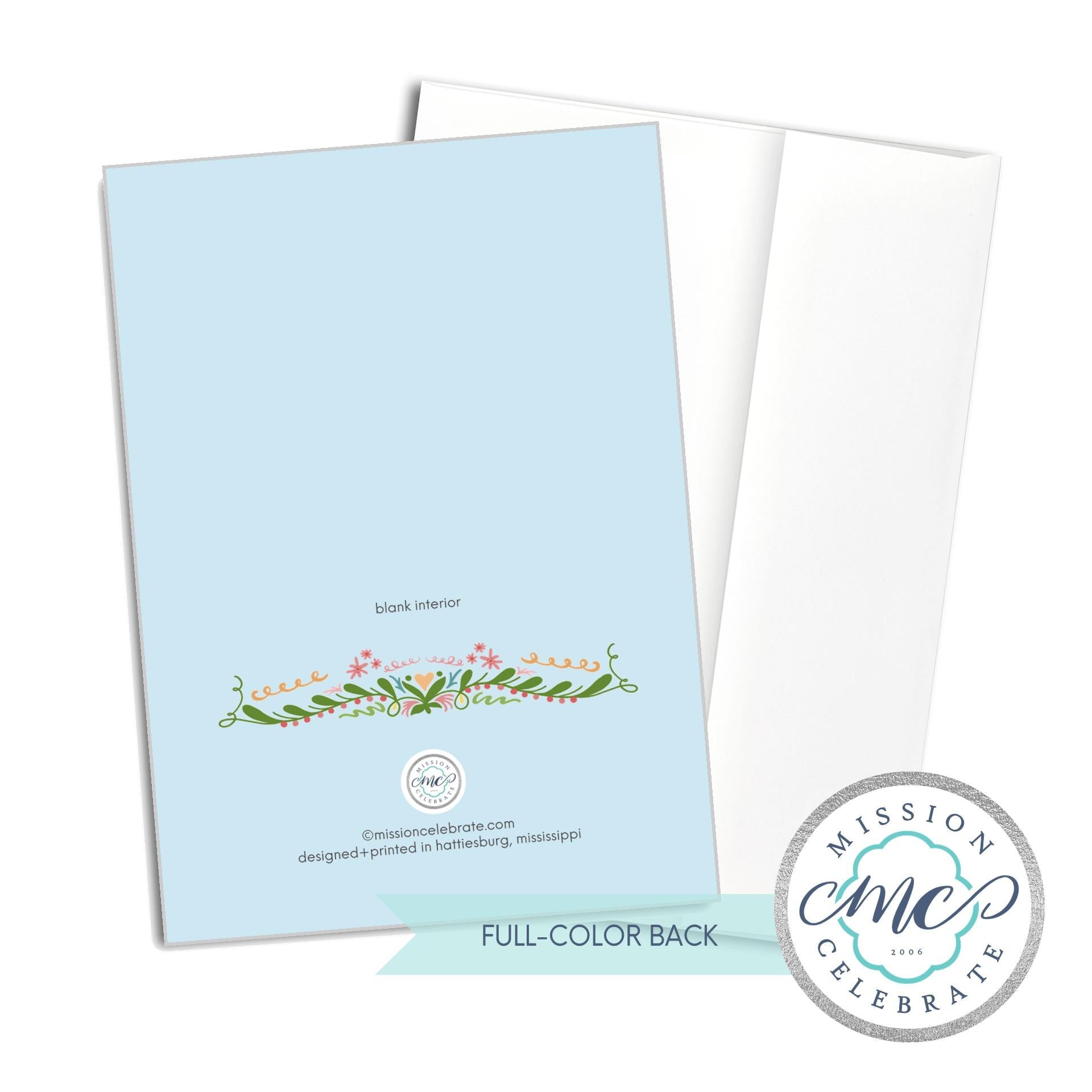 Greeting card back by Mission Celebrate featuring floral design and Hattiesburg, Mississippi details.