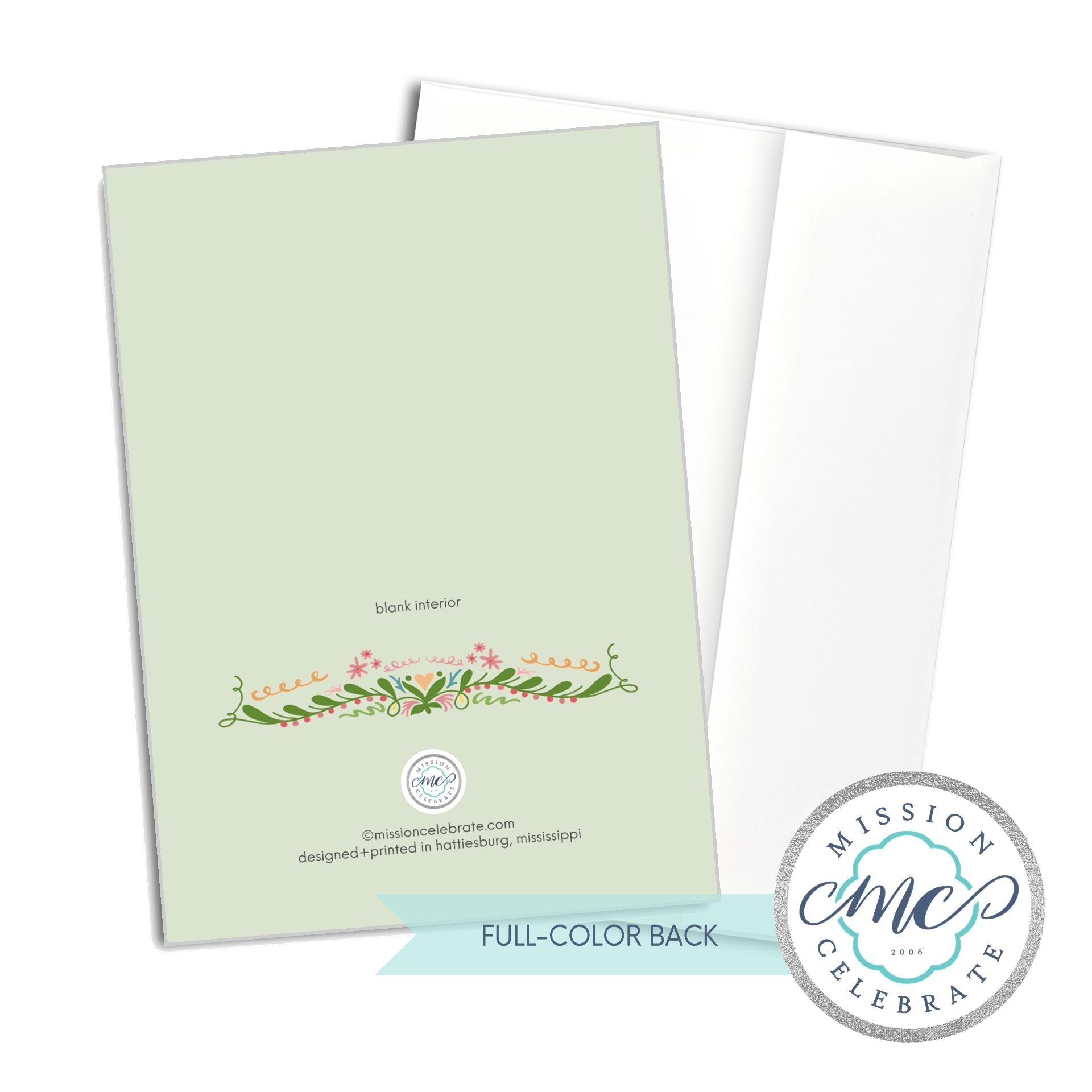 Mission Celebrate Floral Greeting Card: "Full-Color Back" Design.
