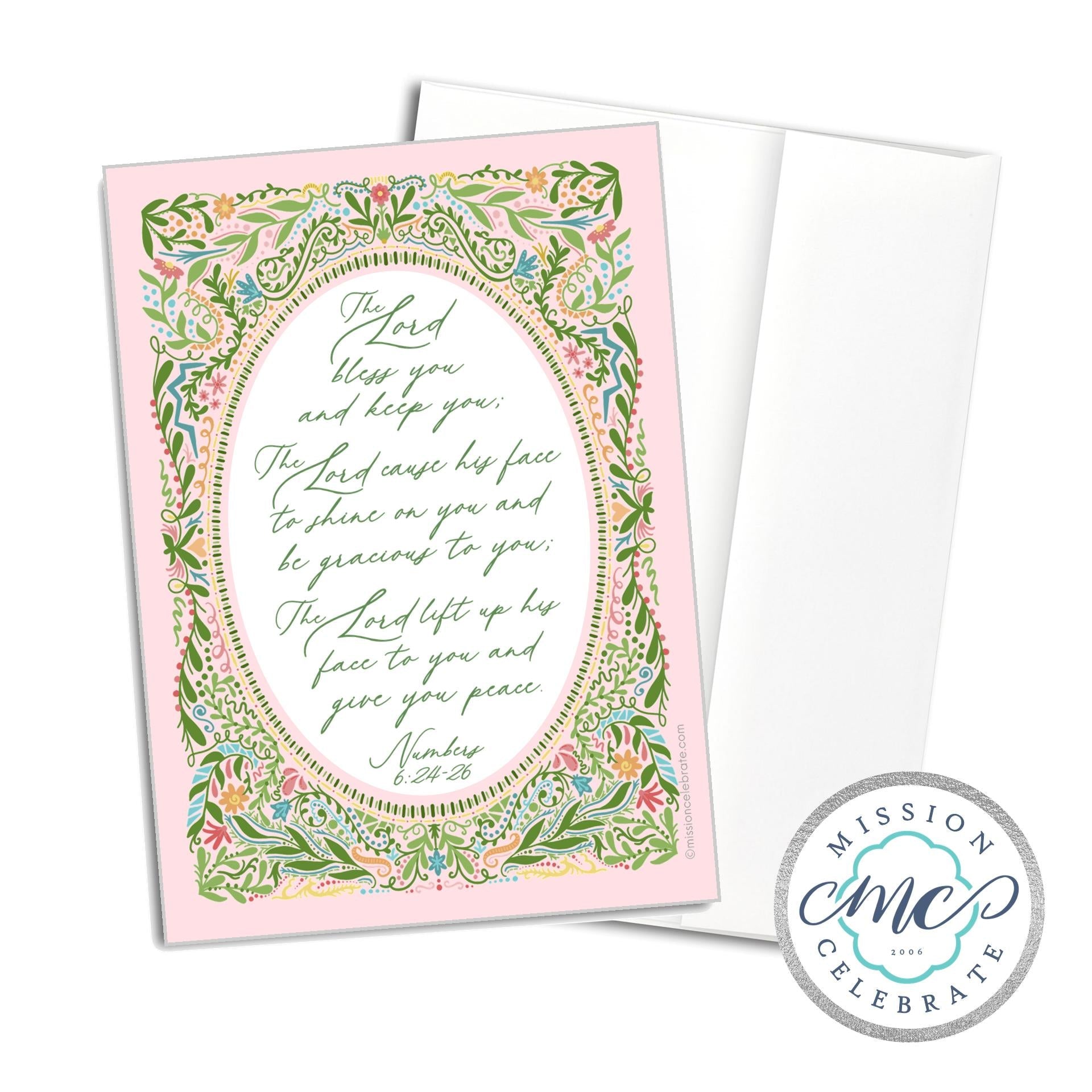 Numbers Blessing Card: The Lord Bless You - Hand-drawn art from Main Street Collective, pink greeting card, 5x7"