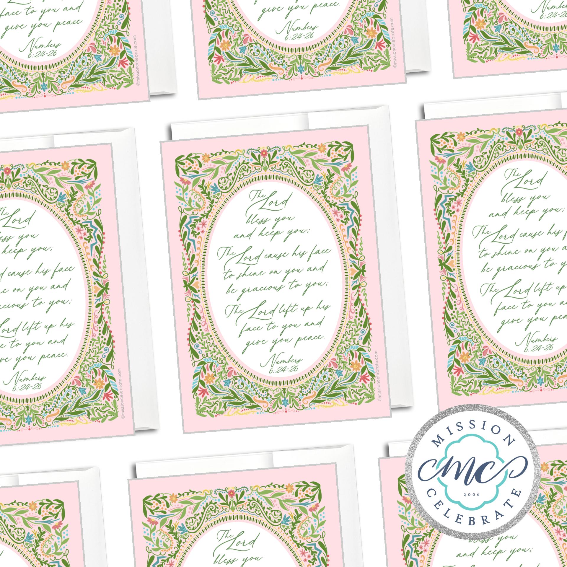 Numbers 6:24-26 Greeting Cards | The Lord Bless You Art | Mission Celebrate | Floral Border | Pink Note Cards | Religious