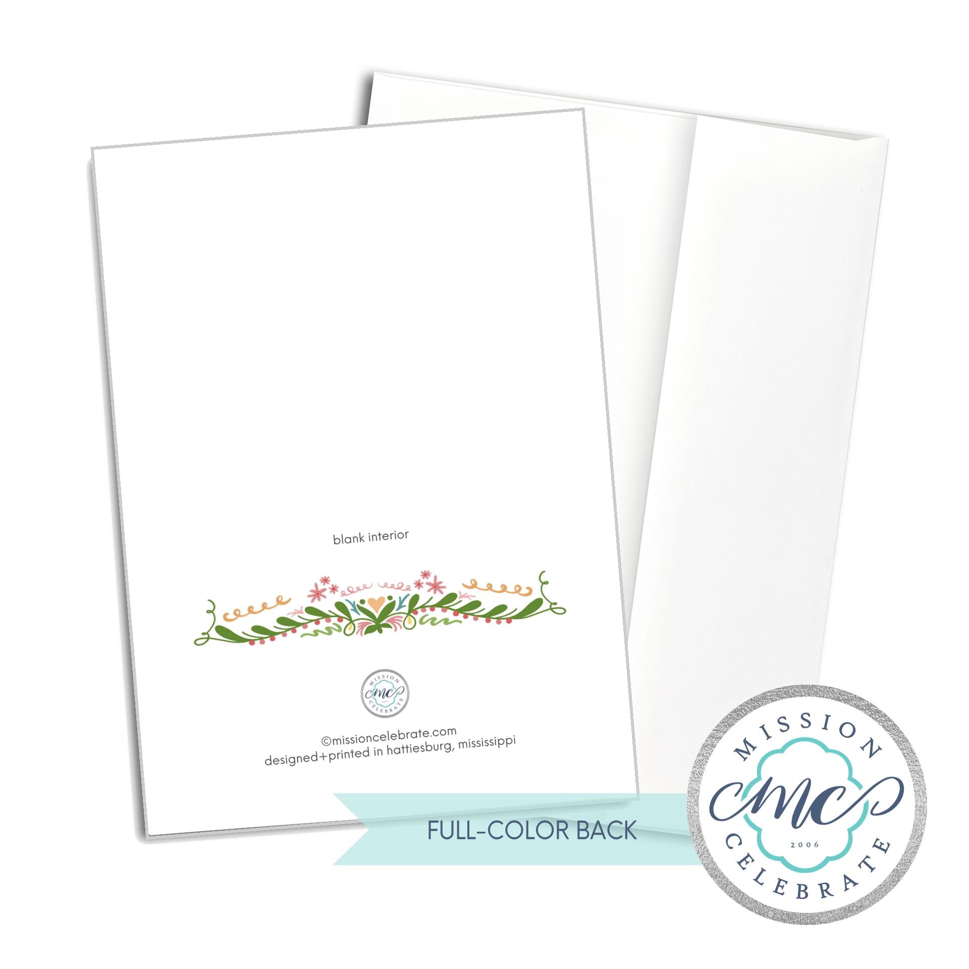 Mission Celebrate Greeting Card Back: Floral Design, Blank Interior, Company Logo, Hattiesburg, Mississippi.