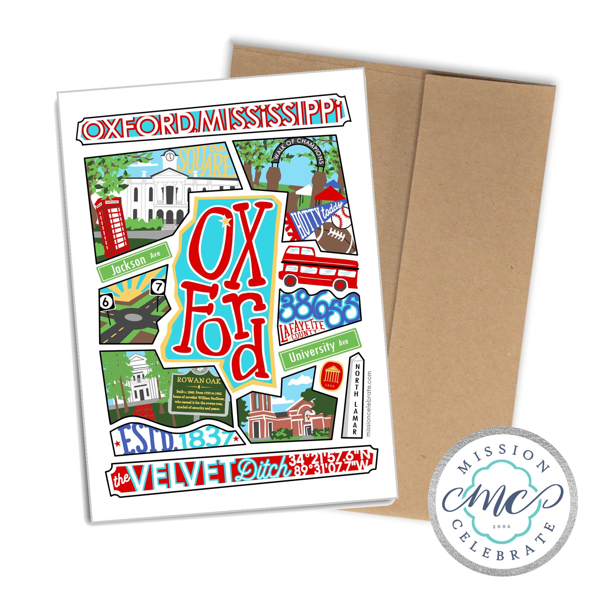 Oxford Mississippi Collage Greeting Card by Leslie Gonce: Landmarks & University
