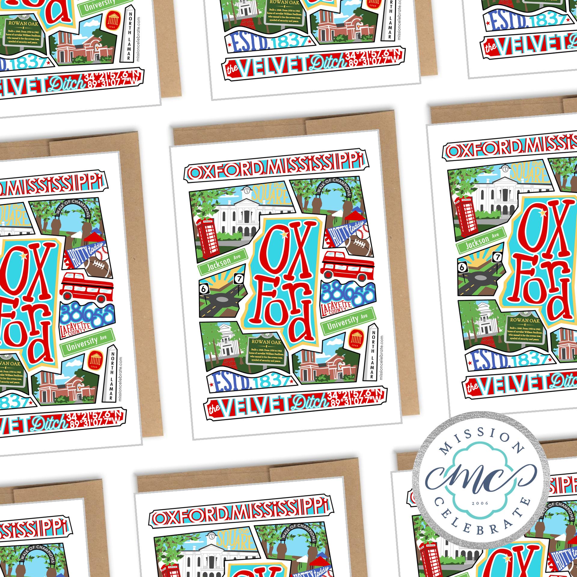 Oxford Mississippi Greeting Card by Leslie Gonce - Collage Art Featuring Iconic Landmarks & The Velvet Ditch