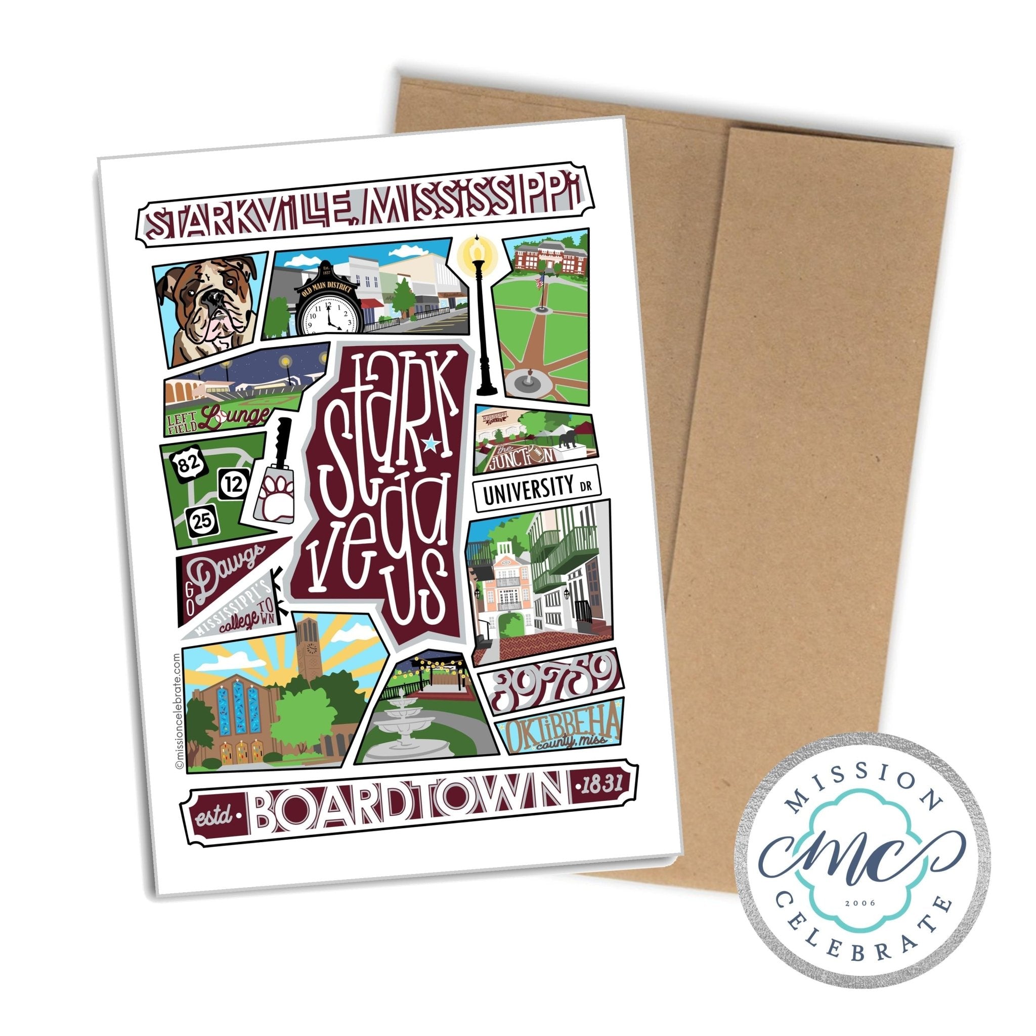Starkville Mississippi Collage Art Greeting Card: Dawgs, Dudy Noble, MSU. Designed by Leslie Gonce.