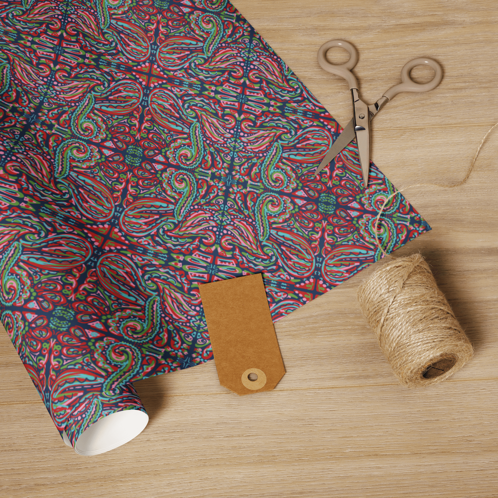 Jubilee Festive Wrapping Paper, Main Street Collective: Artistic gift wrapping with colorful pattern, scissors, and twine.