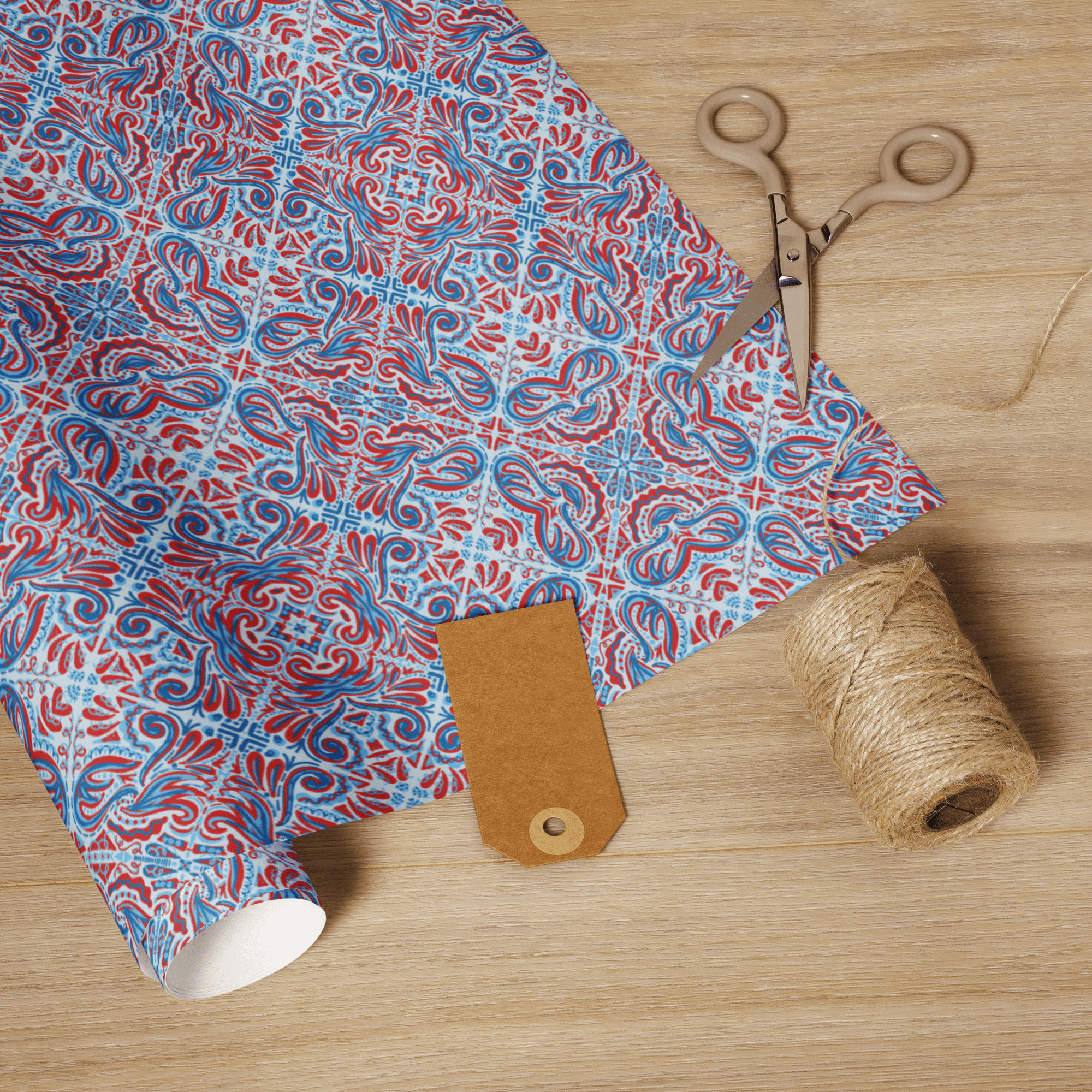 Jubilee Art Wrapping Paper in Red and Blue with Scissors & Twine - Main Street Collective Gift Wrap