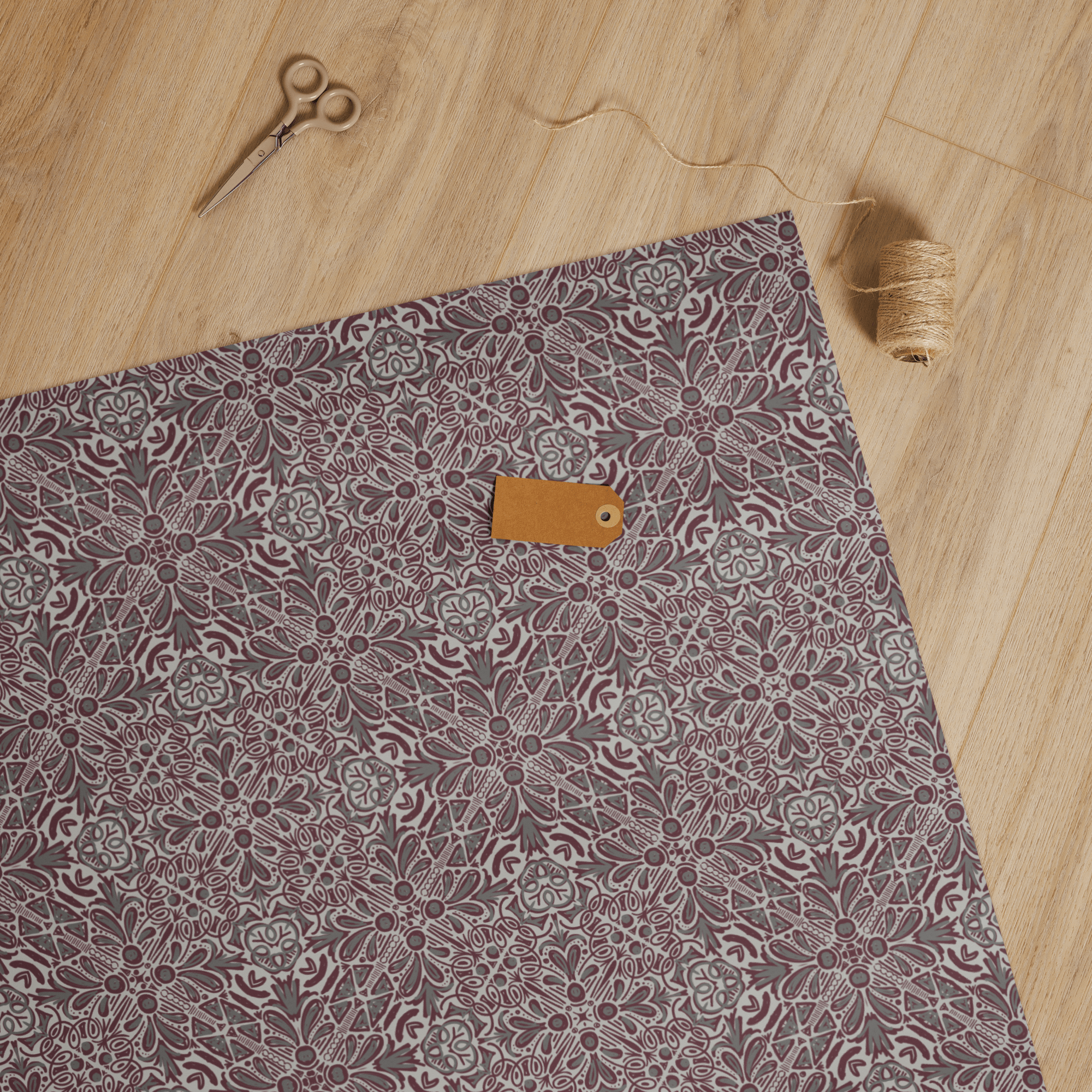 JUBILEE ART Wrapping Paper in Maroon & Grays: Floral Gift Wrap with Scissors and Twine