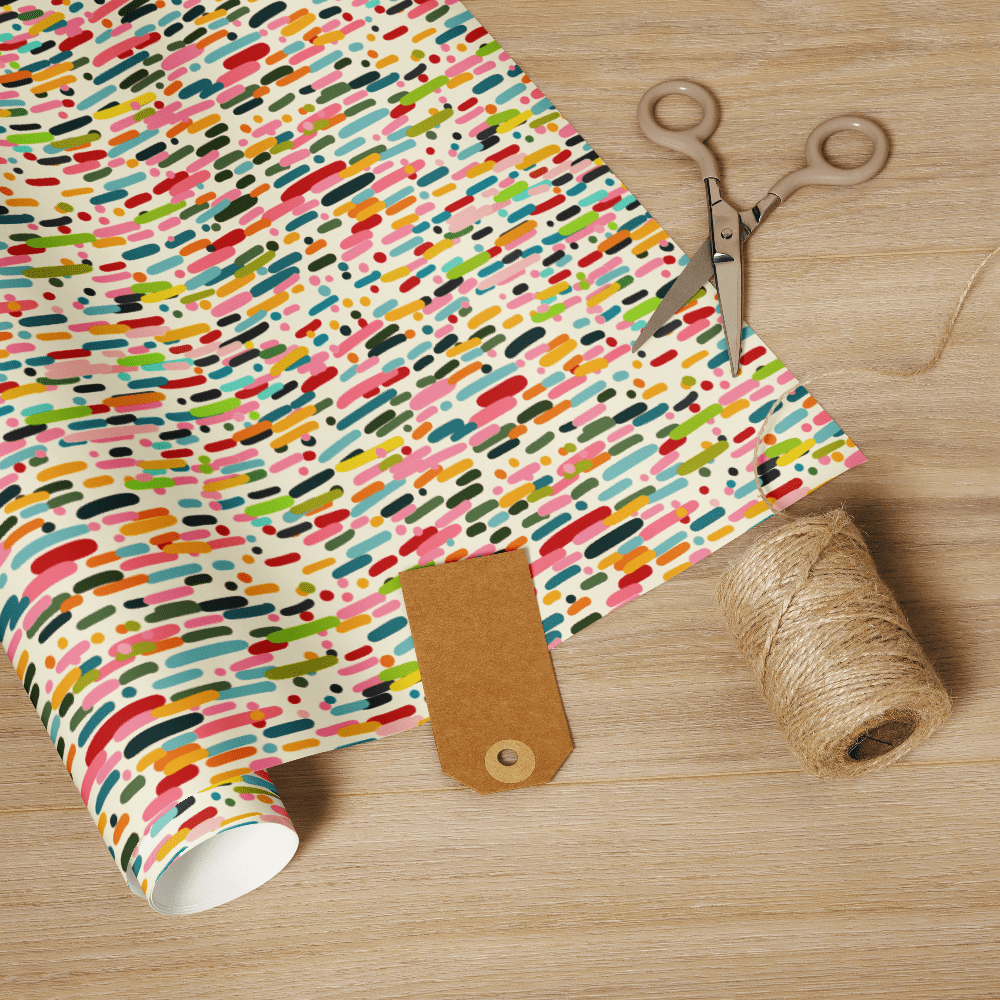 Colorful Confetti Gift Wrapping Paper with Scissors and Twine - Fun Art Design