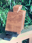 Forward-facing view of small hard maple charcuterie board set with display stand – handcrafted and food safe