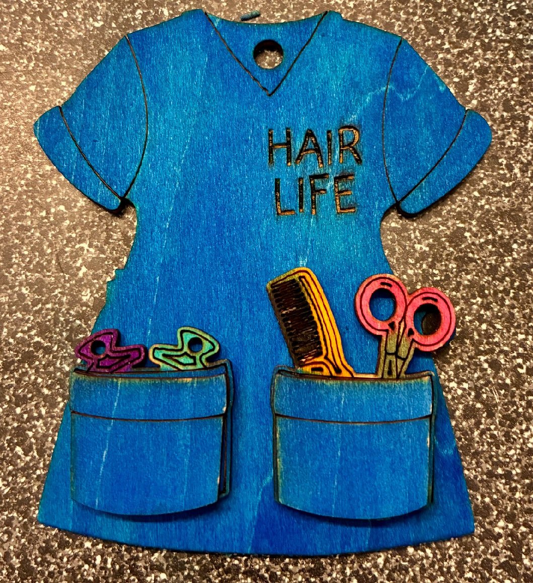 Hair Salon Christmas Ornament: Handmade Blue Smock with Scissors & Comb