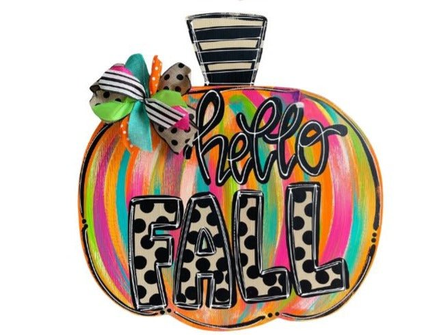 Colorful Hello Fall Pumpkin Door Hanger - Autumn Decor, Halloween, Handmade, Main Street Collective