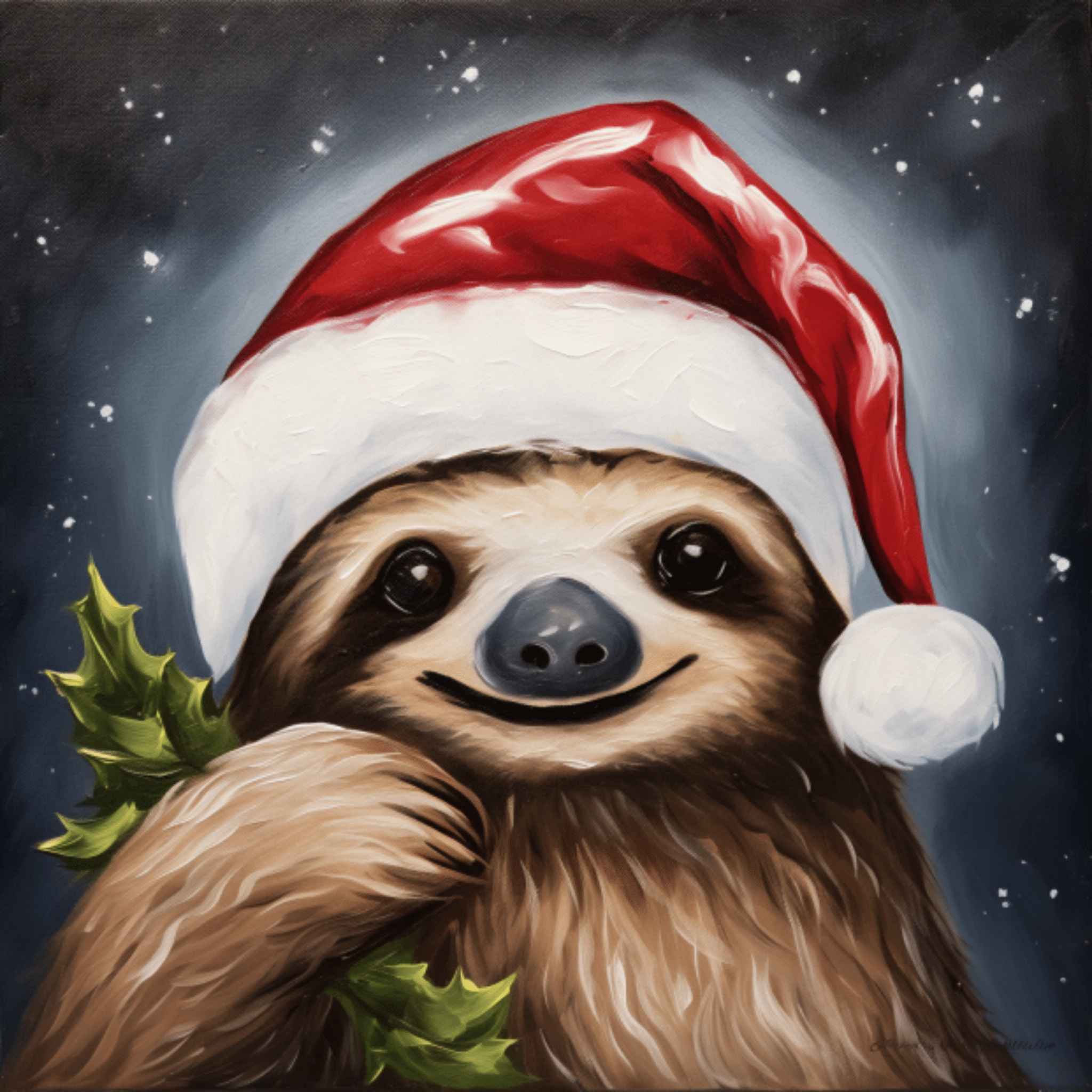 Christmas Sloth Painting: Santa Hat, Holly, Cute Animal Art