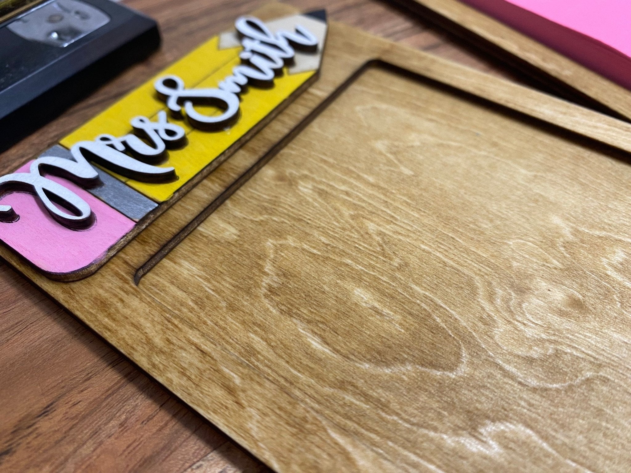 Mrs. Smith Personalized Teacher Gift: Wooden Post-It Note Holder with Pencil Design. Teacher Appreciation Present. Handmade classroom decor.