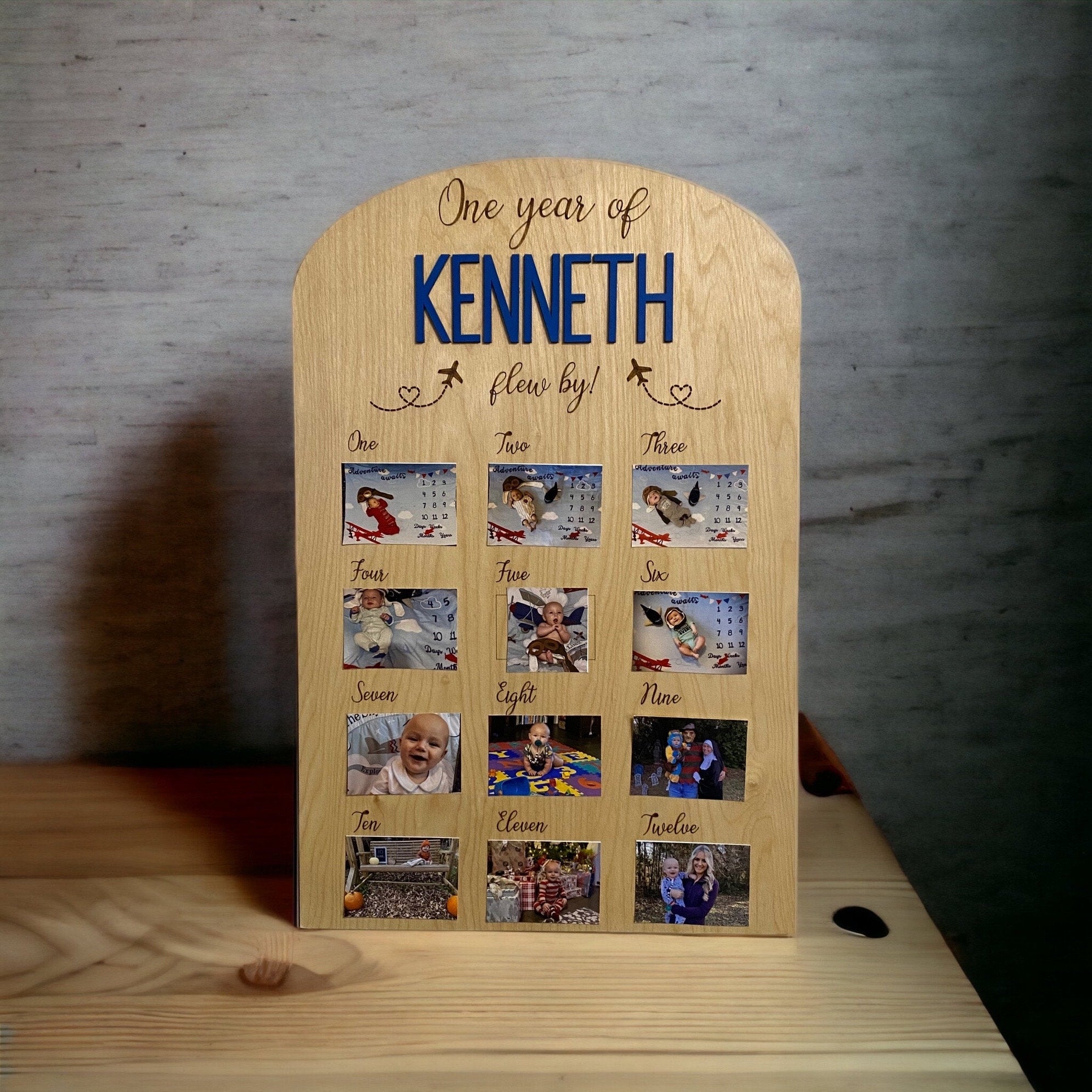 Baby's First Year Photo Board: Kenneth's Milestones, Personalized Birthday Gift, Wooden Airplane Theme, 12 Month Photo Display