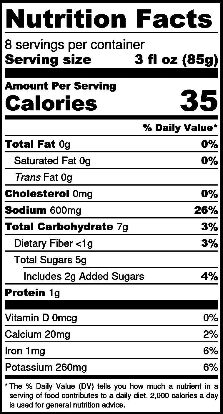 Nutrition facts label for Lady May's Bloody Mary Mix: 35 calories, 600mg sodium, 7g carbs, 1g protein. Nutritional info.