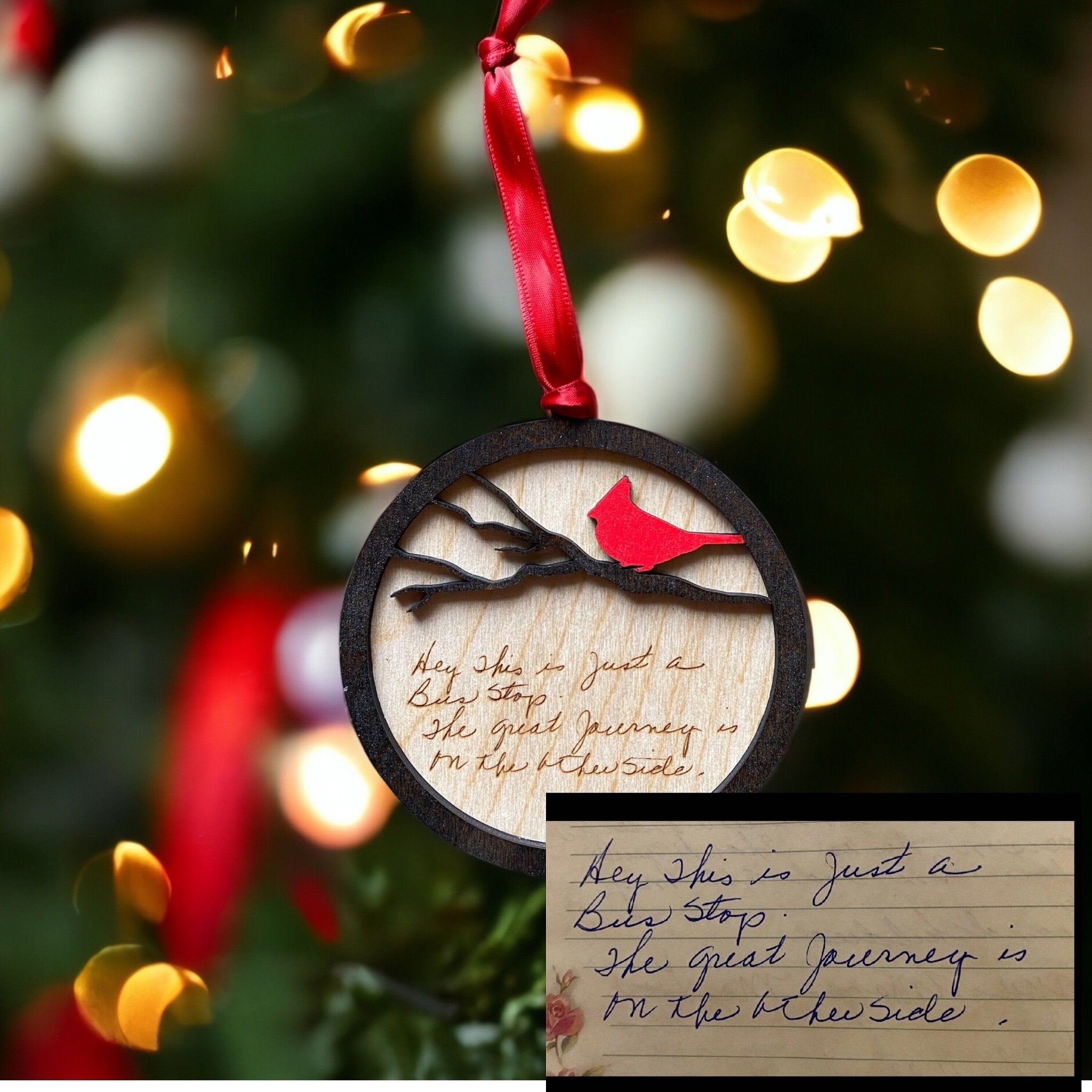 Cardinal Memorial Ornament: Handwriting Keepsake, Personalized Wood Ornament