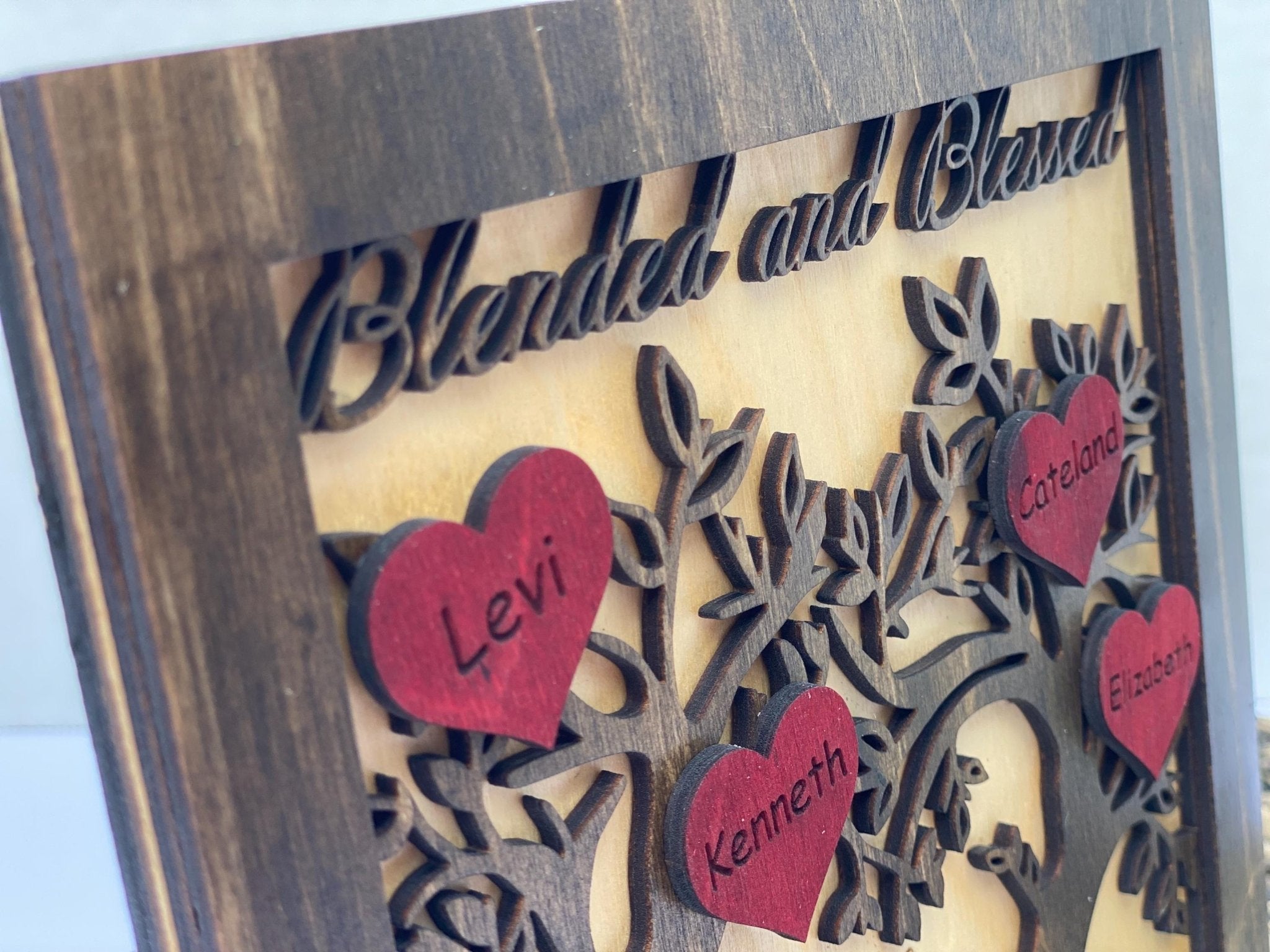 Personalized Blended Family Tree Sign: Custom Wood Anniversary Gift with Names Engraved on Hearts