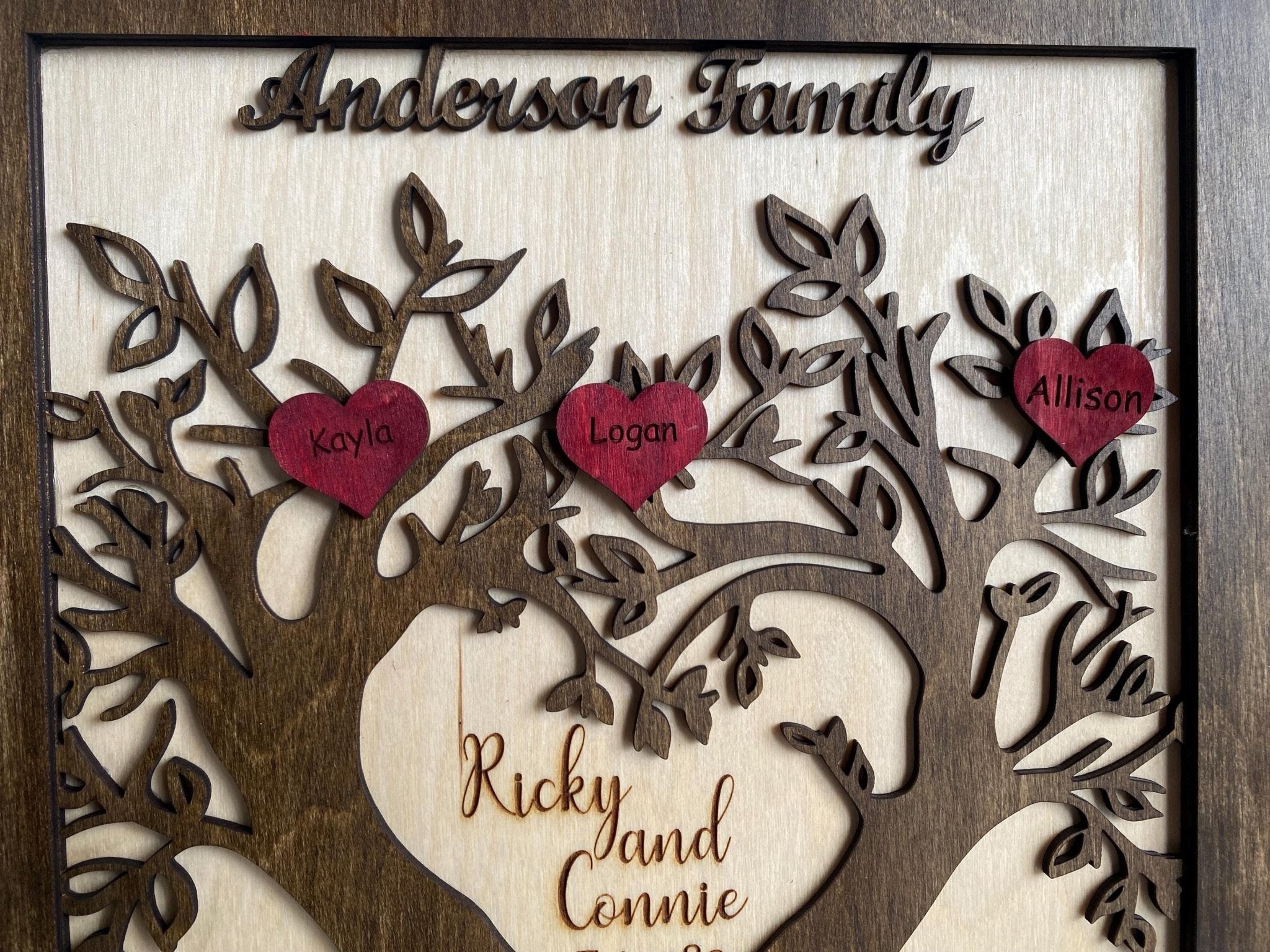 Custom Wood Family Tree Sign: Personalized Anniversary Gift with Names on Hearts - Handmade Keepsake