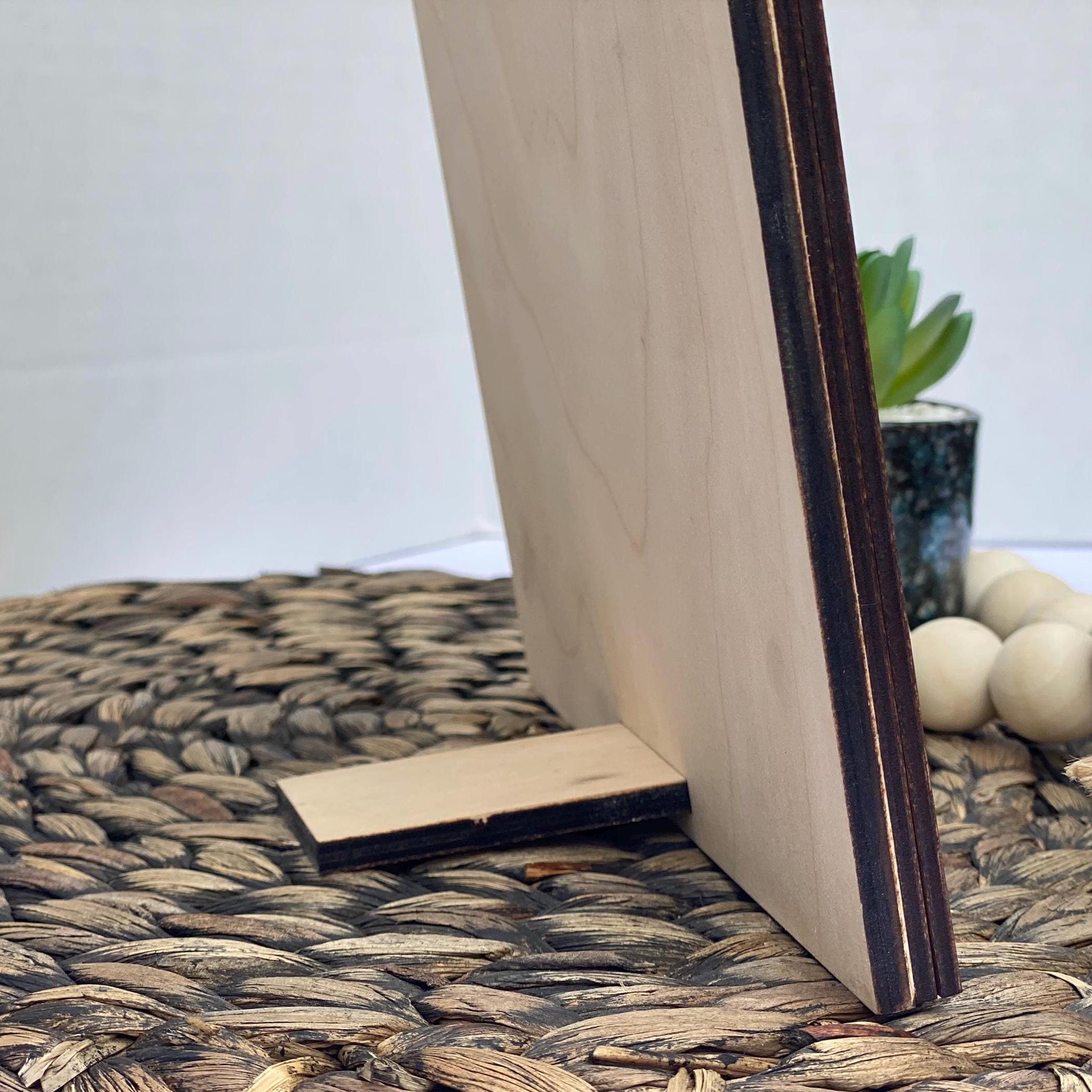Handcrafted Wood Family Tree Sign Side View: Layered birch plywood with dark walnut stain and stand.