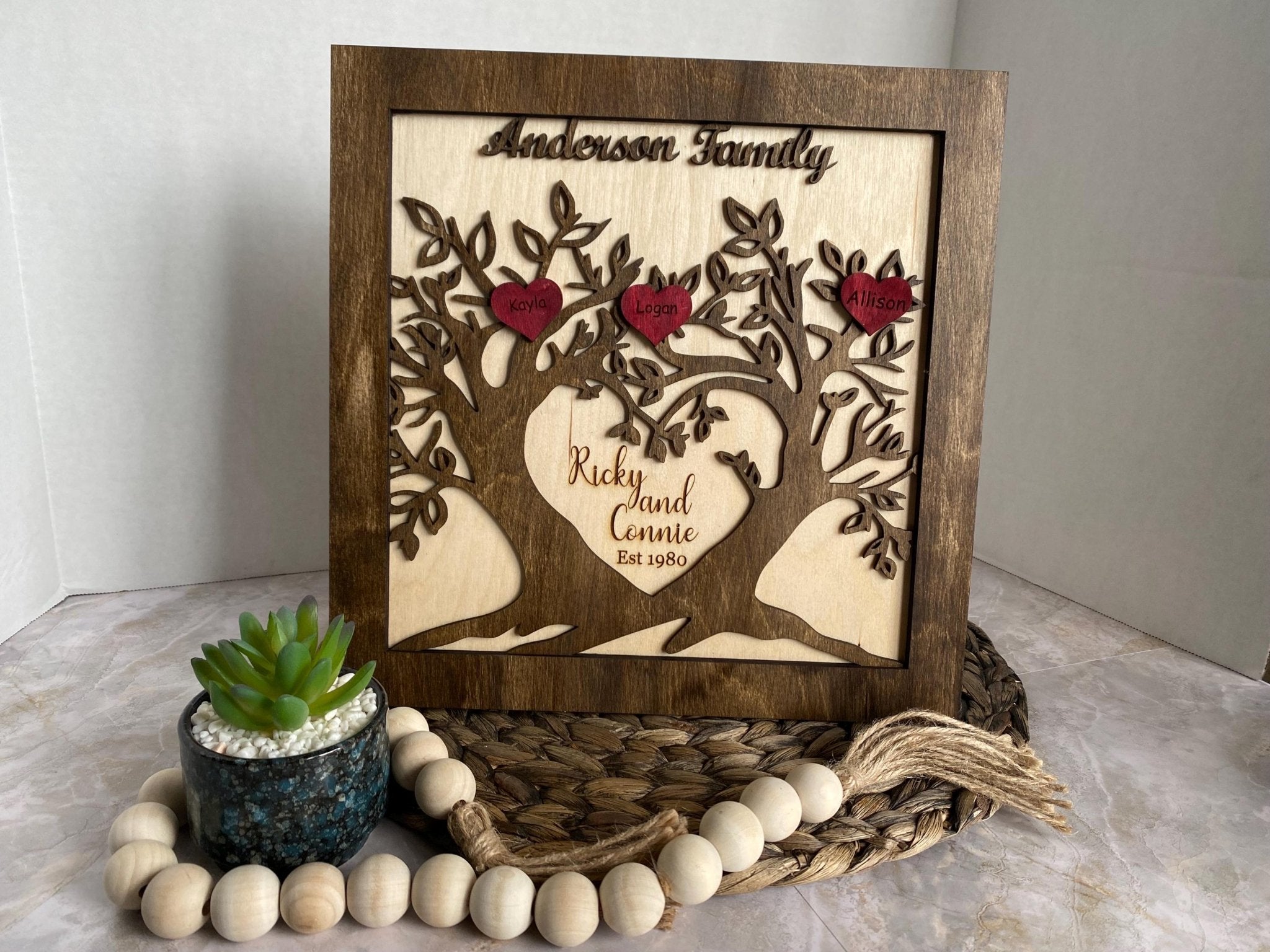 Personalized Anderson Family Tree Sign, Wood Anniversary Gift with Names Kayla, Logan, and Allison.