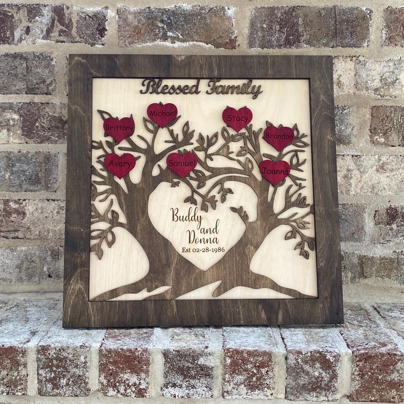 Personalized Family Tree Sign: Custom Wood Engraved Names Anniversary Gift, "Blessed Family" decor