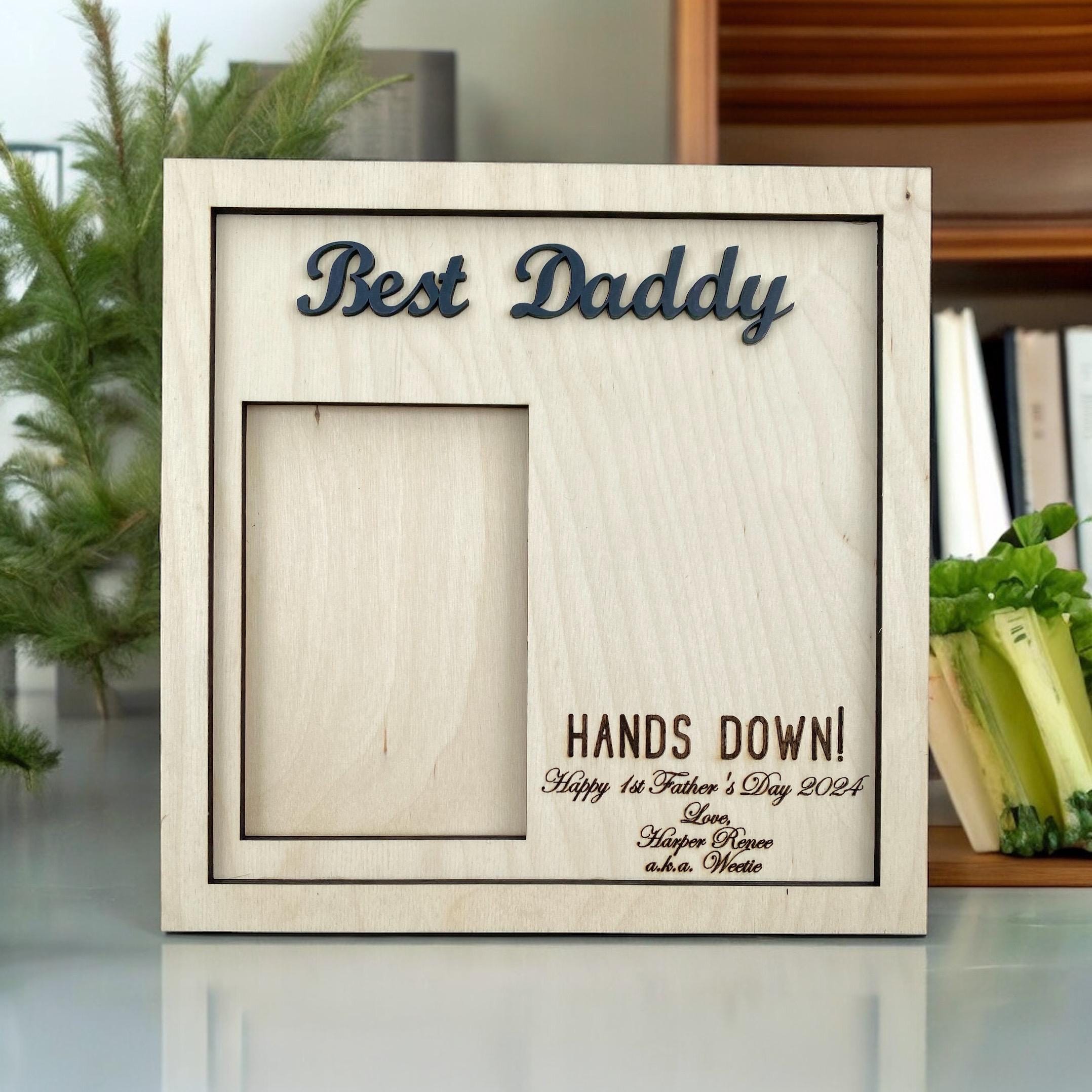 Personalized Father's Day photo frame: Best Daddy hands down gift with child's handprint, DIY wood frame for 4x6 photo, engraved present