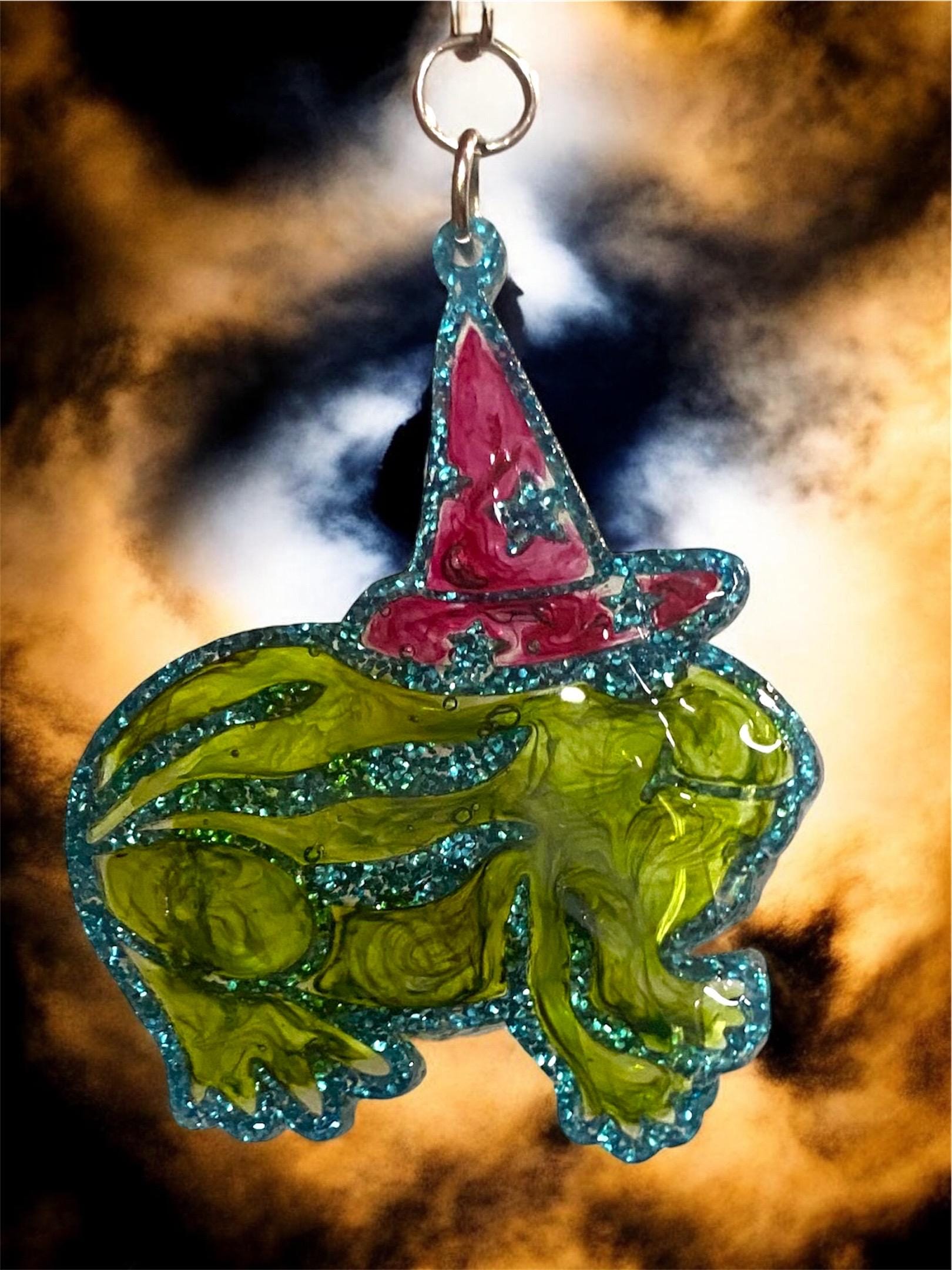 Summerween Frog Earrings: Glitter Witch Hat Dangle Earrings, Handmade Halloween Jewelry