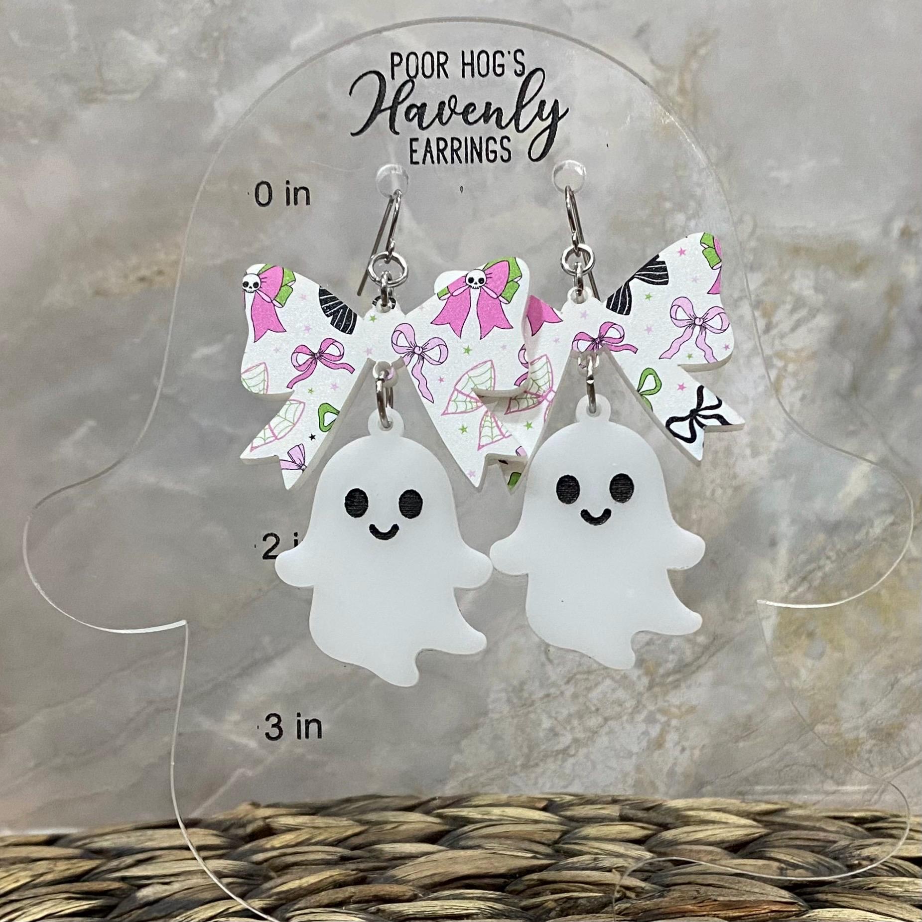 Ghost Earrings Halloween Jewelry: Spooky Cute Bow Dangle Earrings for Fall, Handmade Acrylic Earrings