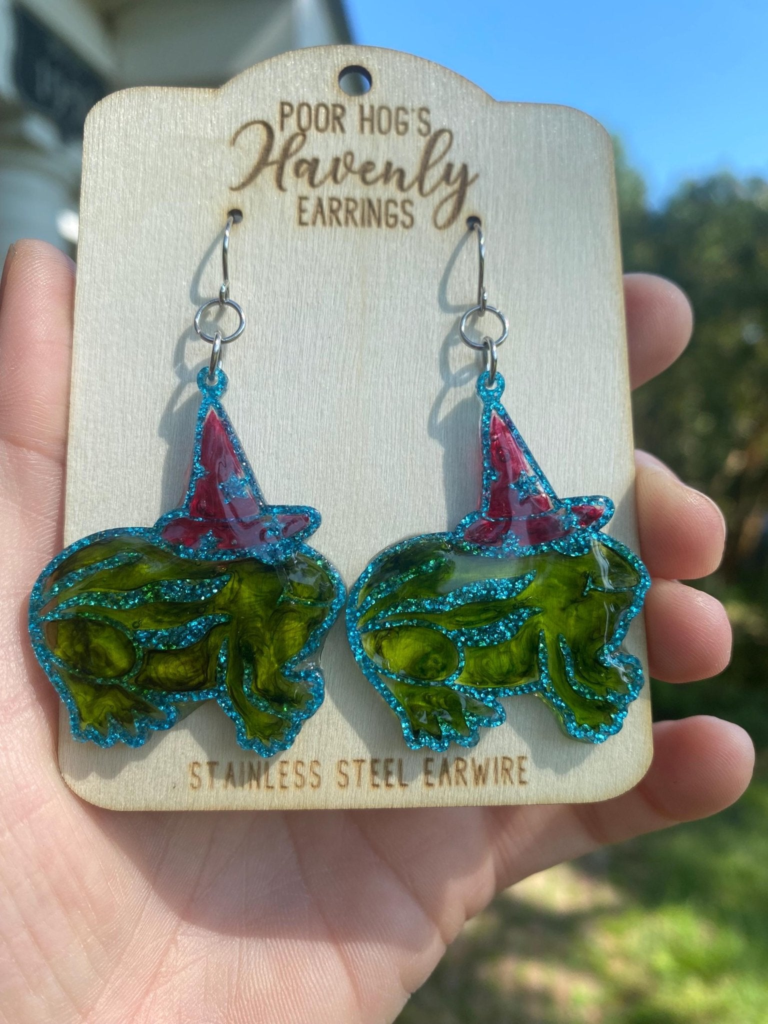 Summerween Frog Earrings: Handmade Acrylic Dangle with Witch Hat, Spooky Cute Halloween Jewelry by Main Street Collective