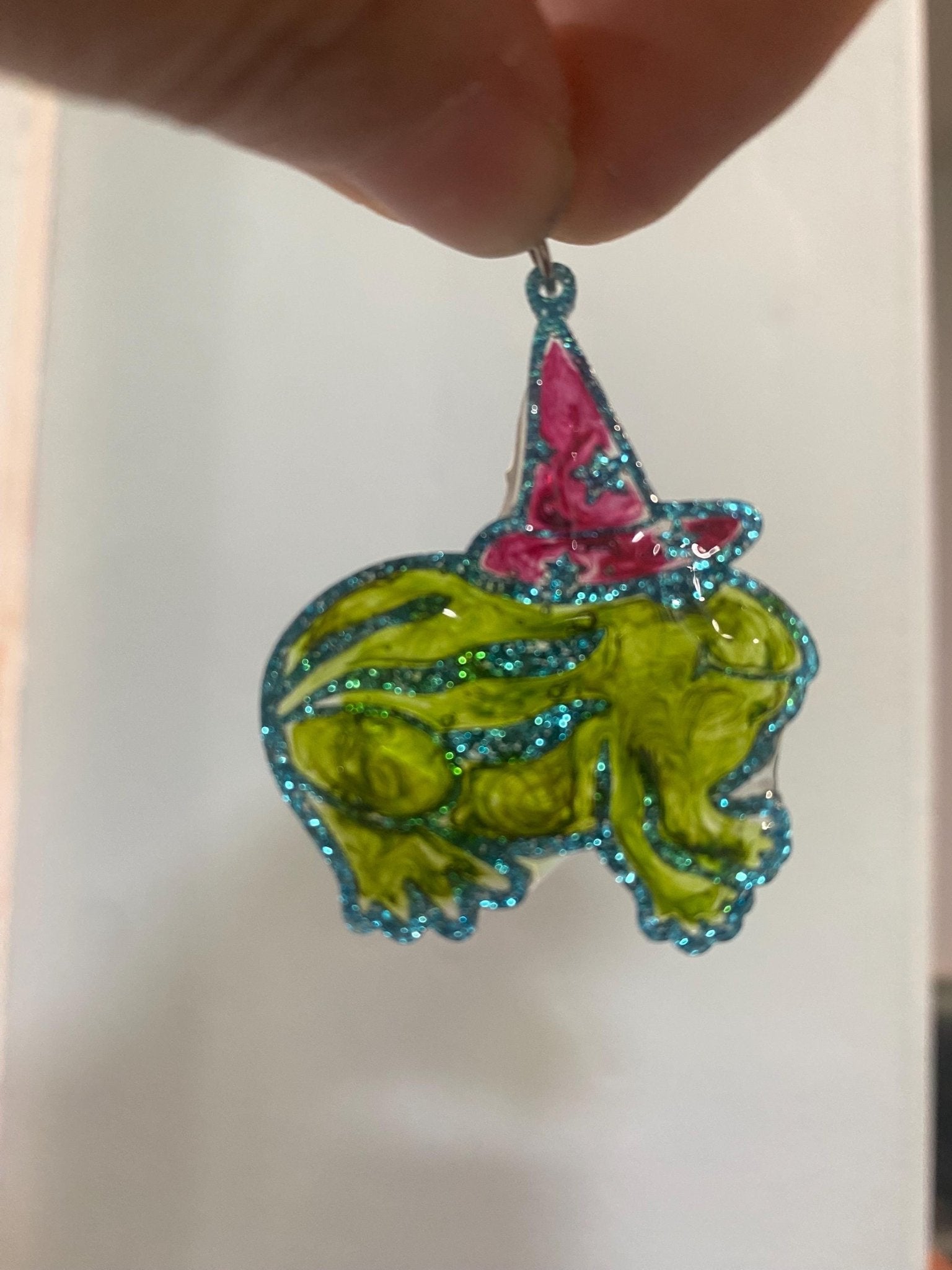 Summerween Frog Earrings: Green frog with pink witch hat. Handmade Halloween jewelry by Main Street Collective.