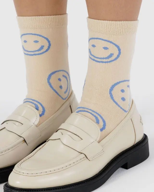 Baggu Crew Sock - Ecru Periwinkle Happy