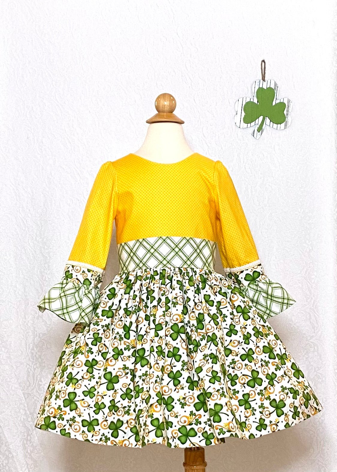 St. Patrick's Day Girl's Dress: Yellow Top, Shamrock Skirt, Long Sleeves, "PETTISKIRT EXTRA POOF" by Main Street Collective