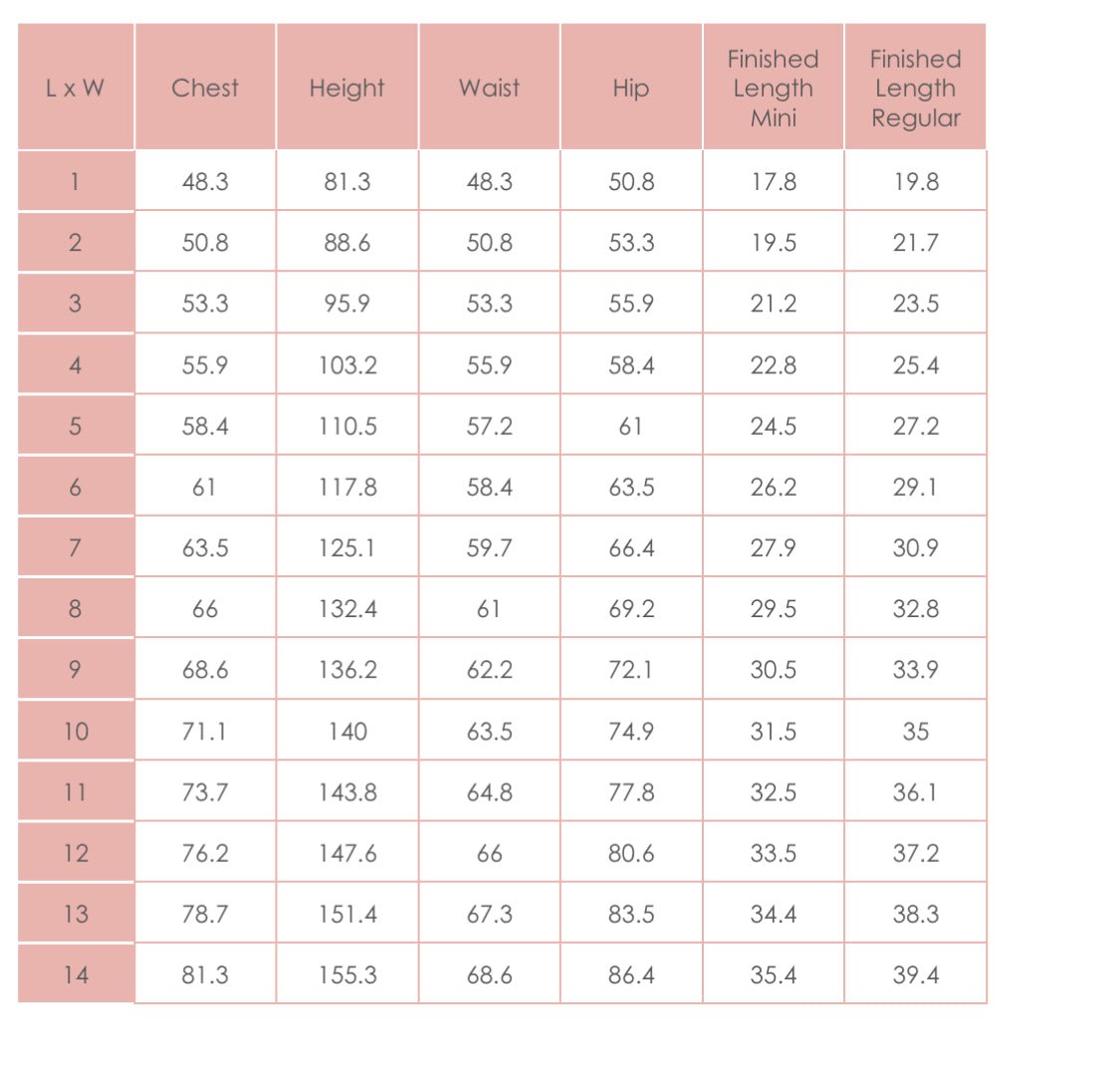 Pettiskirt Size Chart: Measurements for L x W, Chest, Height, Waist, Hip & Length by Main Street Collective. Find Your Perfect Fit!
