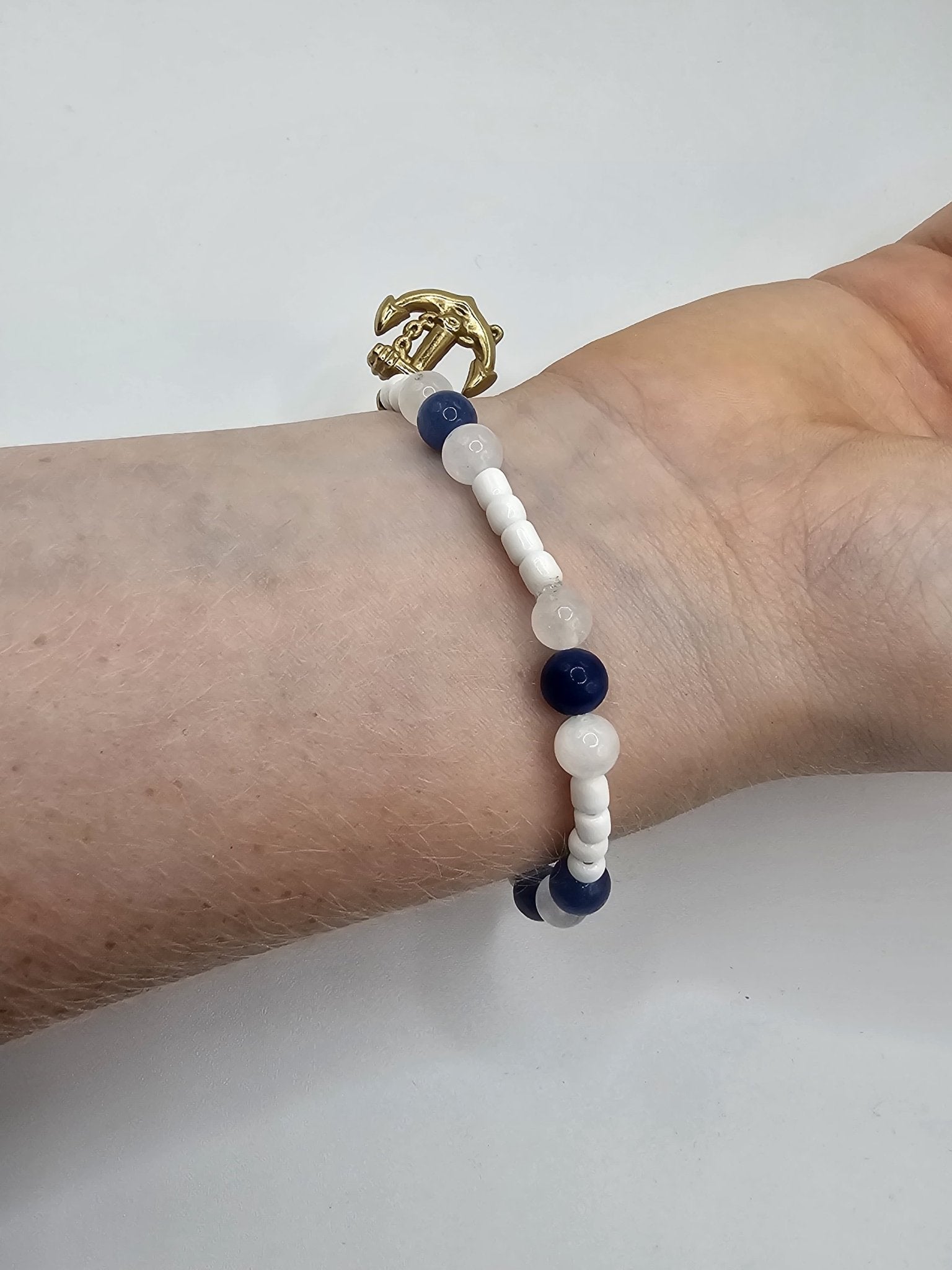 Nautical Vibes Anchor Bracelet: Navy & White Beads, Gold Anchor Charm - Tween Jewelry by Main Street Collective
