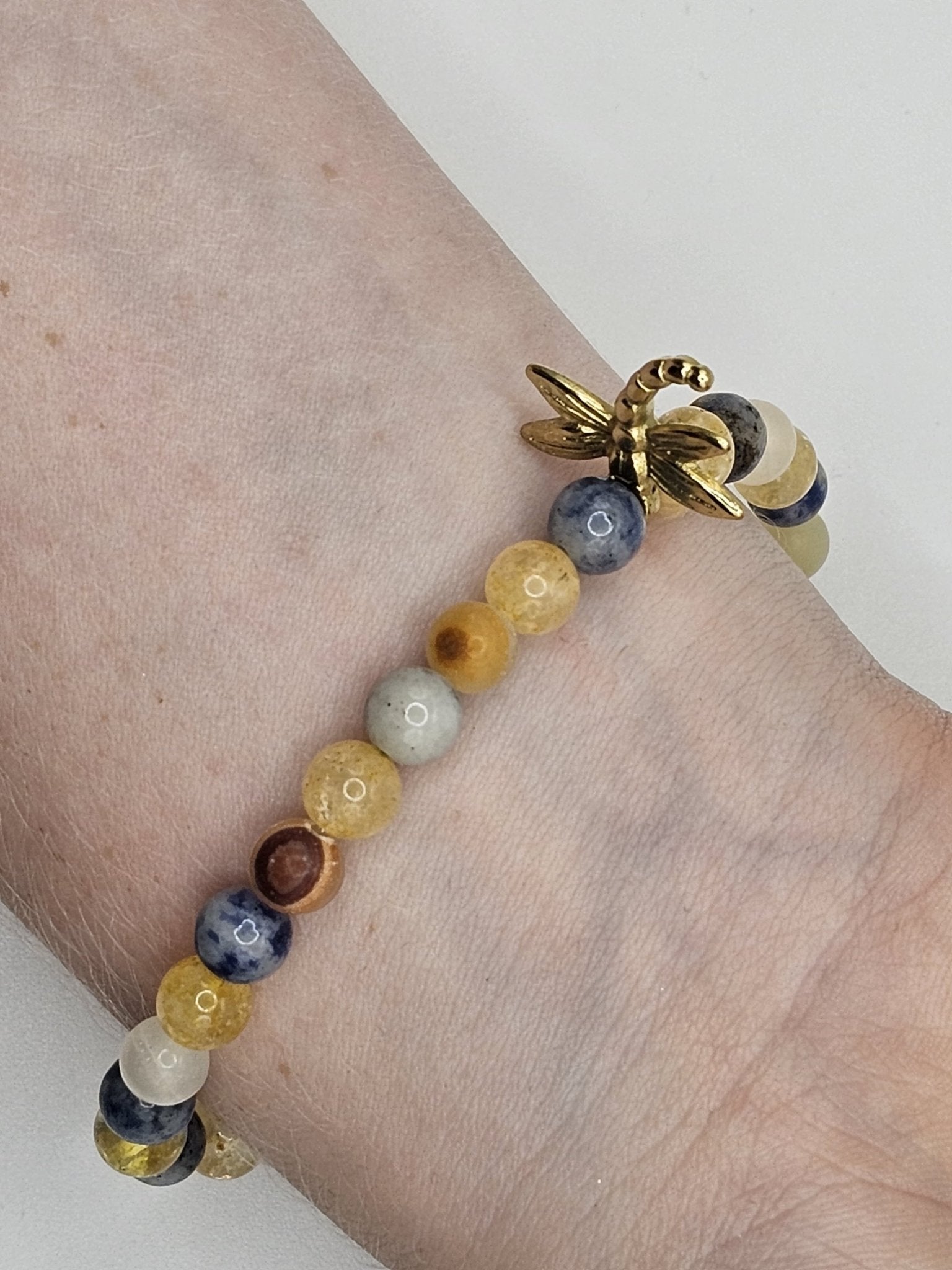 Golden Dragonfly Charm Bracelet on Wrist - Tween Jewelry, Beaded Design, Handmade