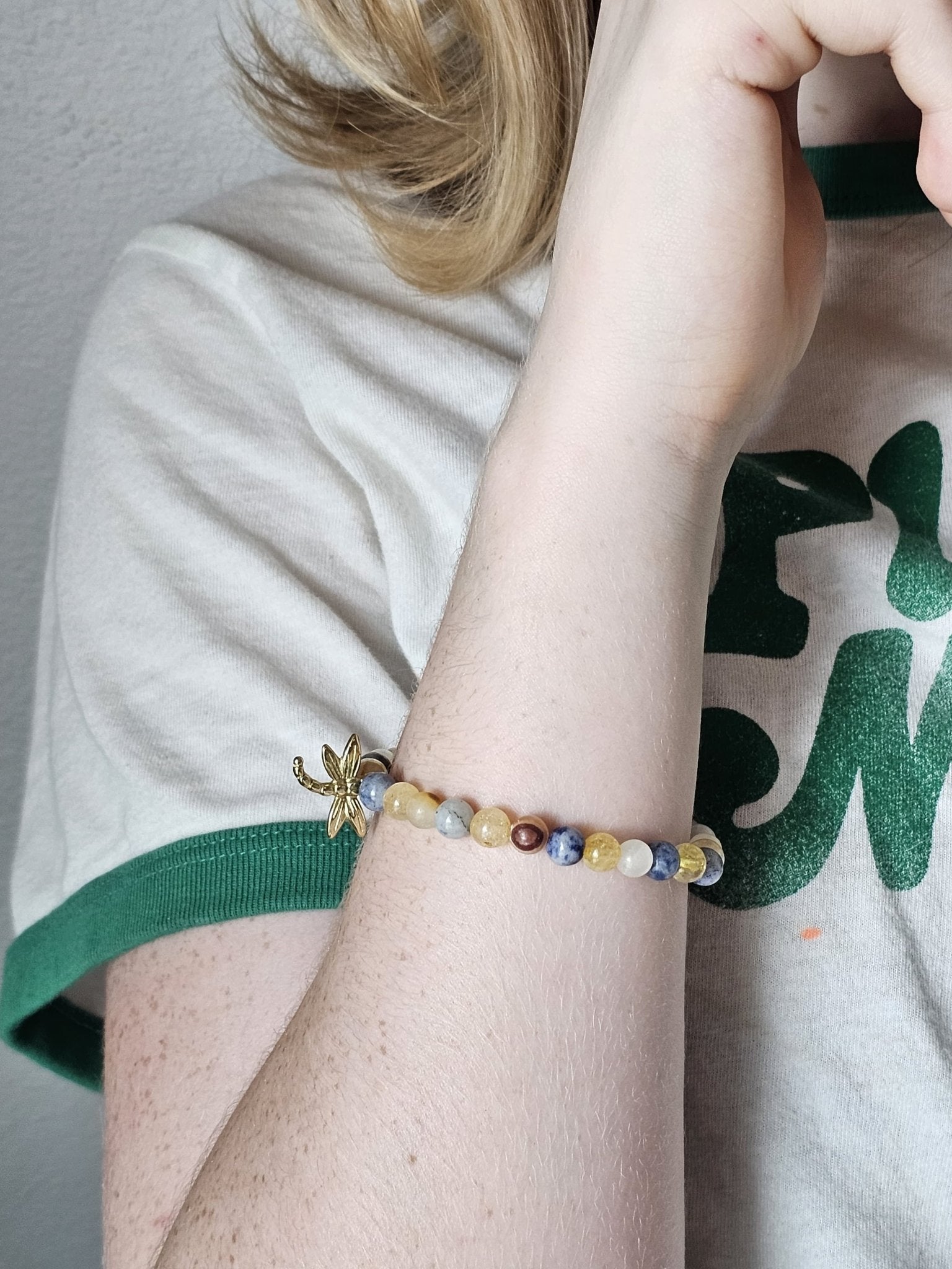 Golden Dragonfly Charm Bracelet for Tweens - Yellow, Blue Beaded Bracelet by Main Street Collective. Kids Jewelry