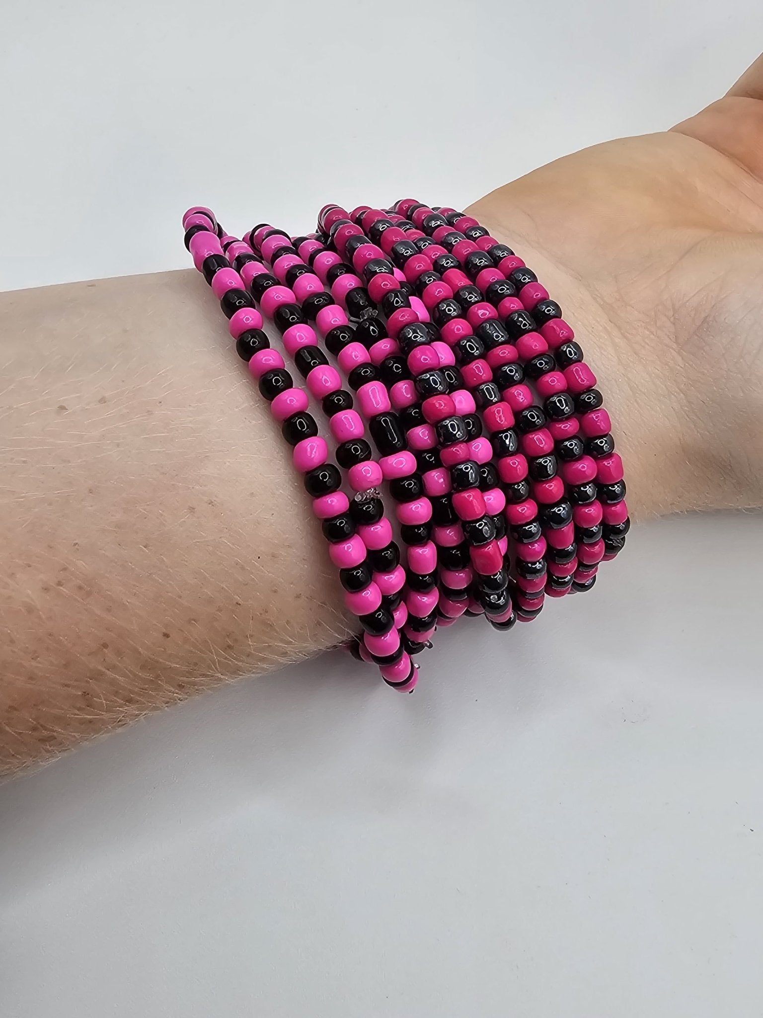 Pink and Black Beaded Bracelet Stack: Stackable Jewelry Fashion