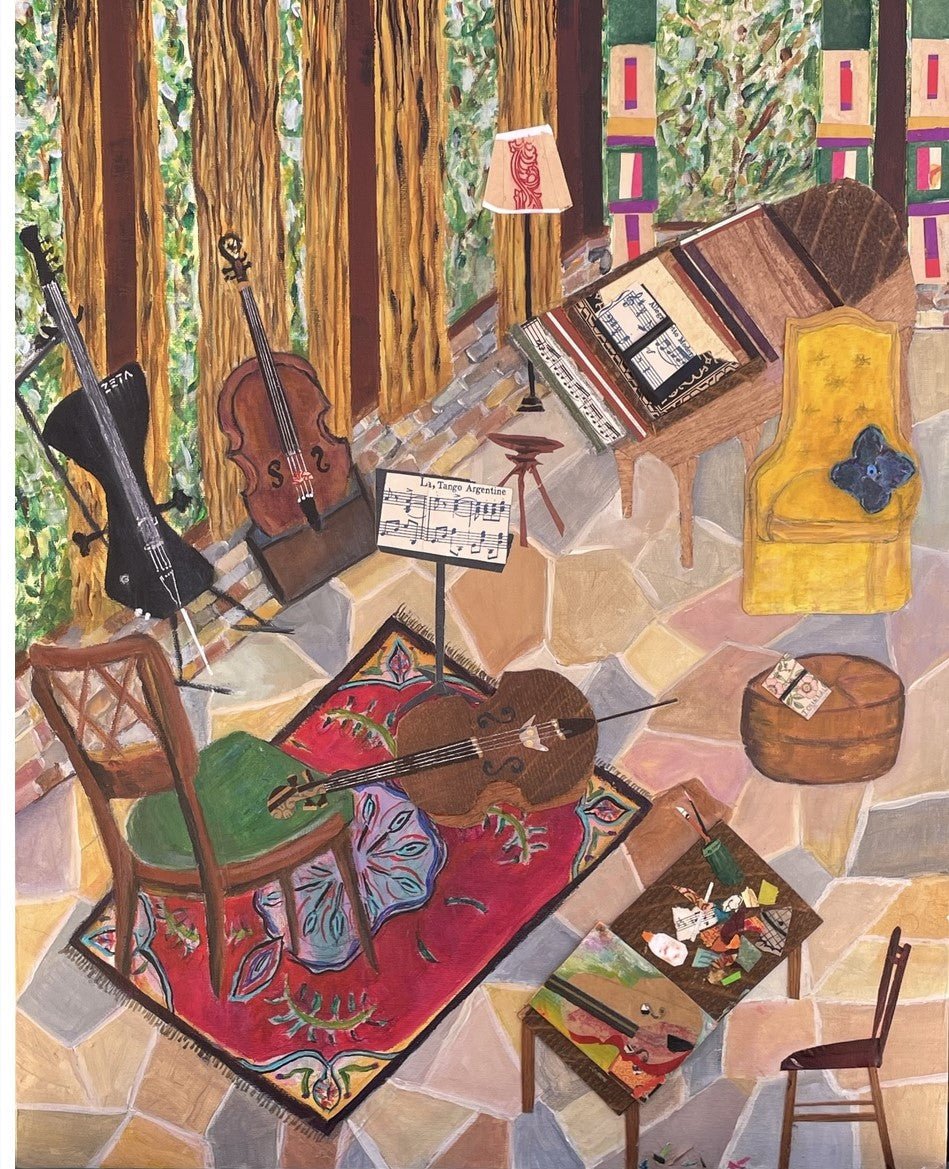 "The Moment" mixed media art by Rebekah Stark Johnson: instruments, music room scene, Mississippi art, Main Street Collective.