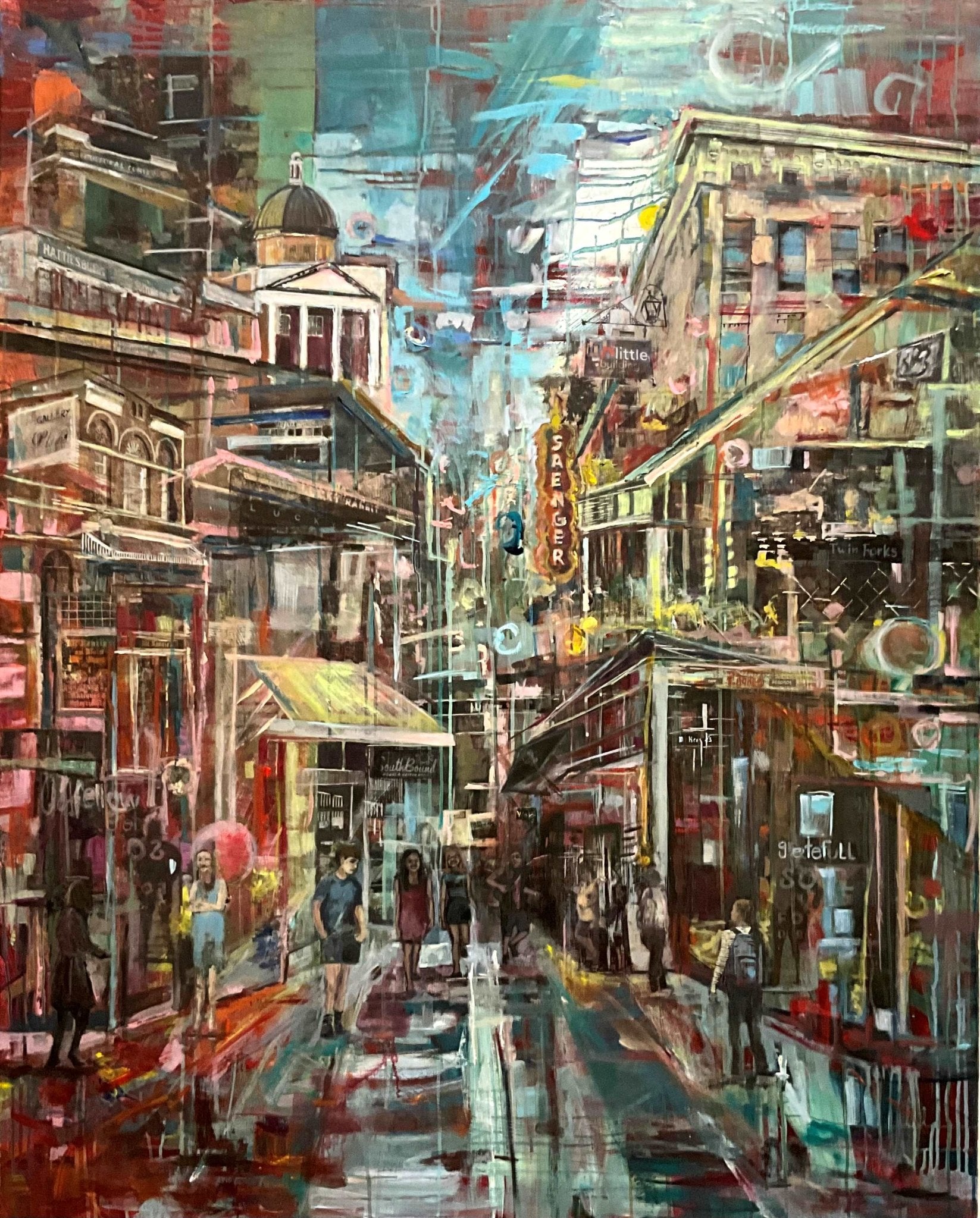 The Hub City, 2024. Hattiesburg cityscape by Andrea Kostyal, mixed media painting.