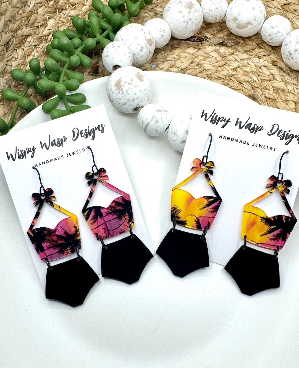 Swimsuit Earrings: Palm Tree Acrylic Handmade Jewelry by Wispy Wasp Designs, Mississippi Handmade Gift