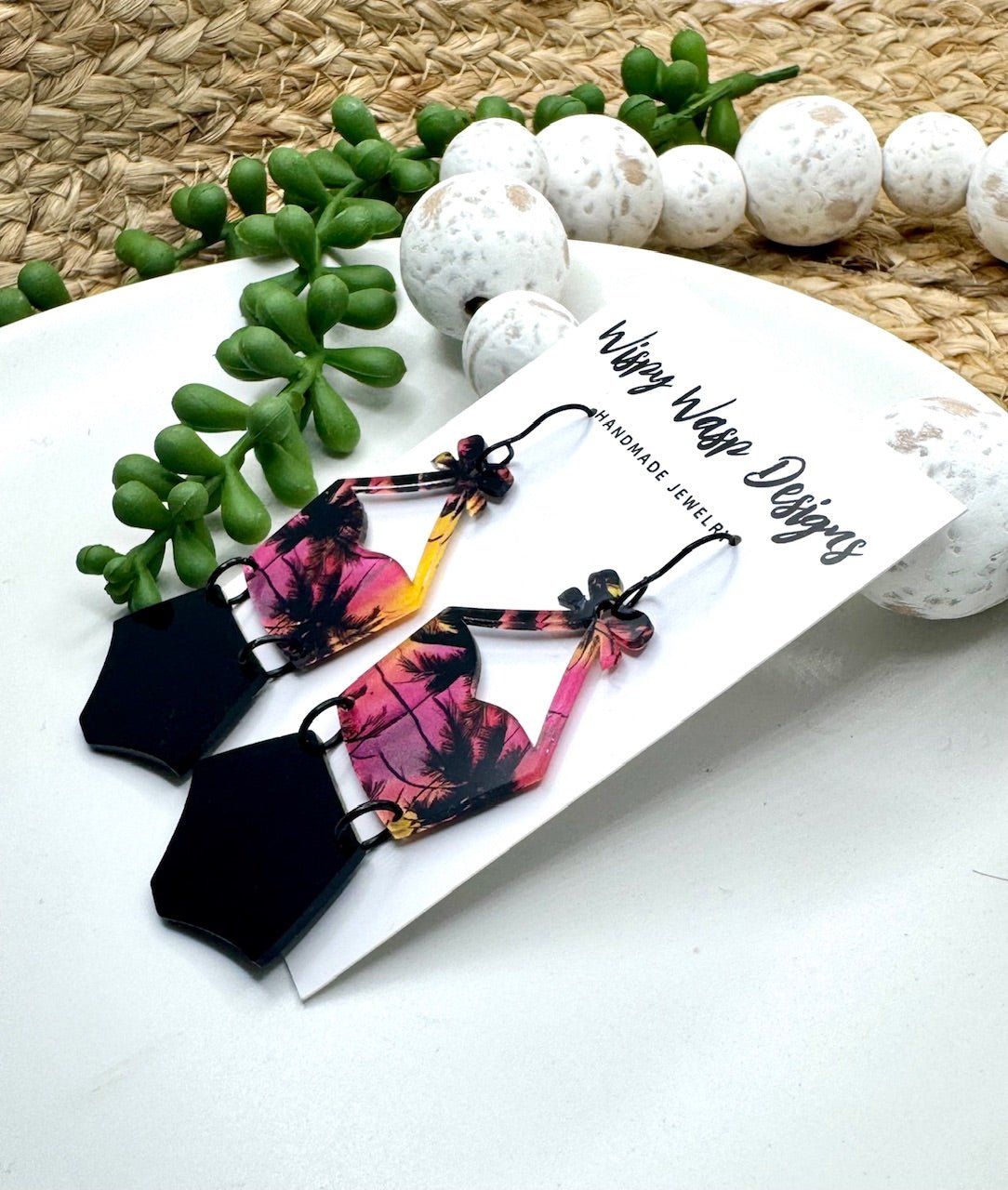 Swimsuit Earrings, 80s Palm Tree Earrings, Handmade Statement Jewelry by Wispy Wasp, Mississippi Gift