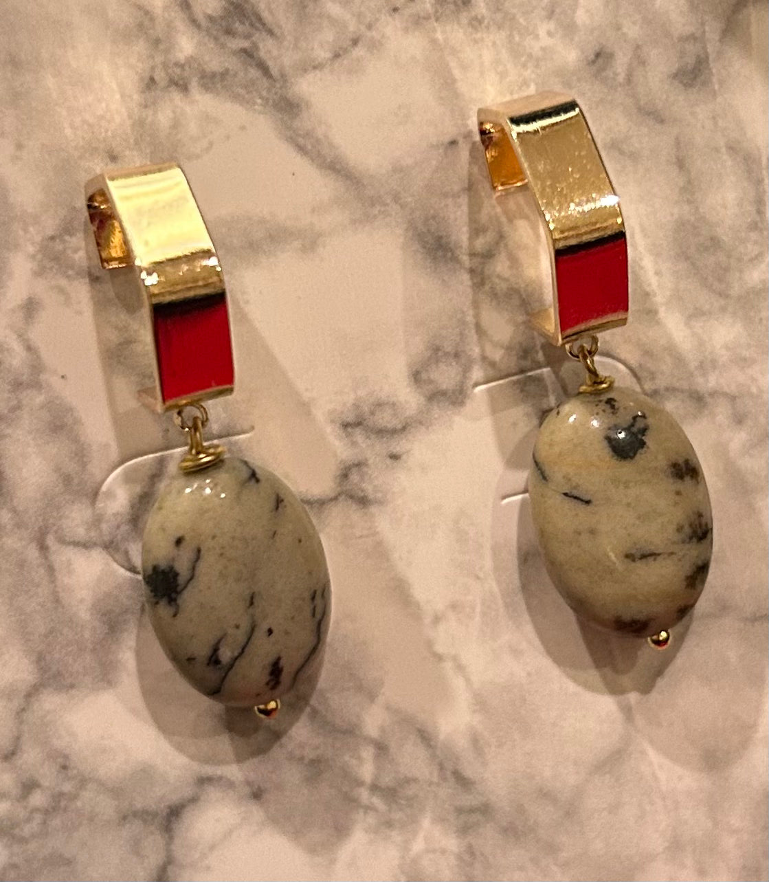 Gold Hexagon & Picasso Jasper Drop Earrings