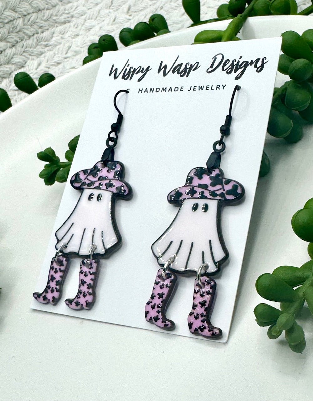 Cowgirl Ghost Earrings by Wispy Wasp Designs: Handmade Halloween Jewelry with Boots and Hats from Mississippi