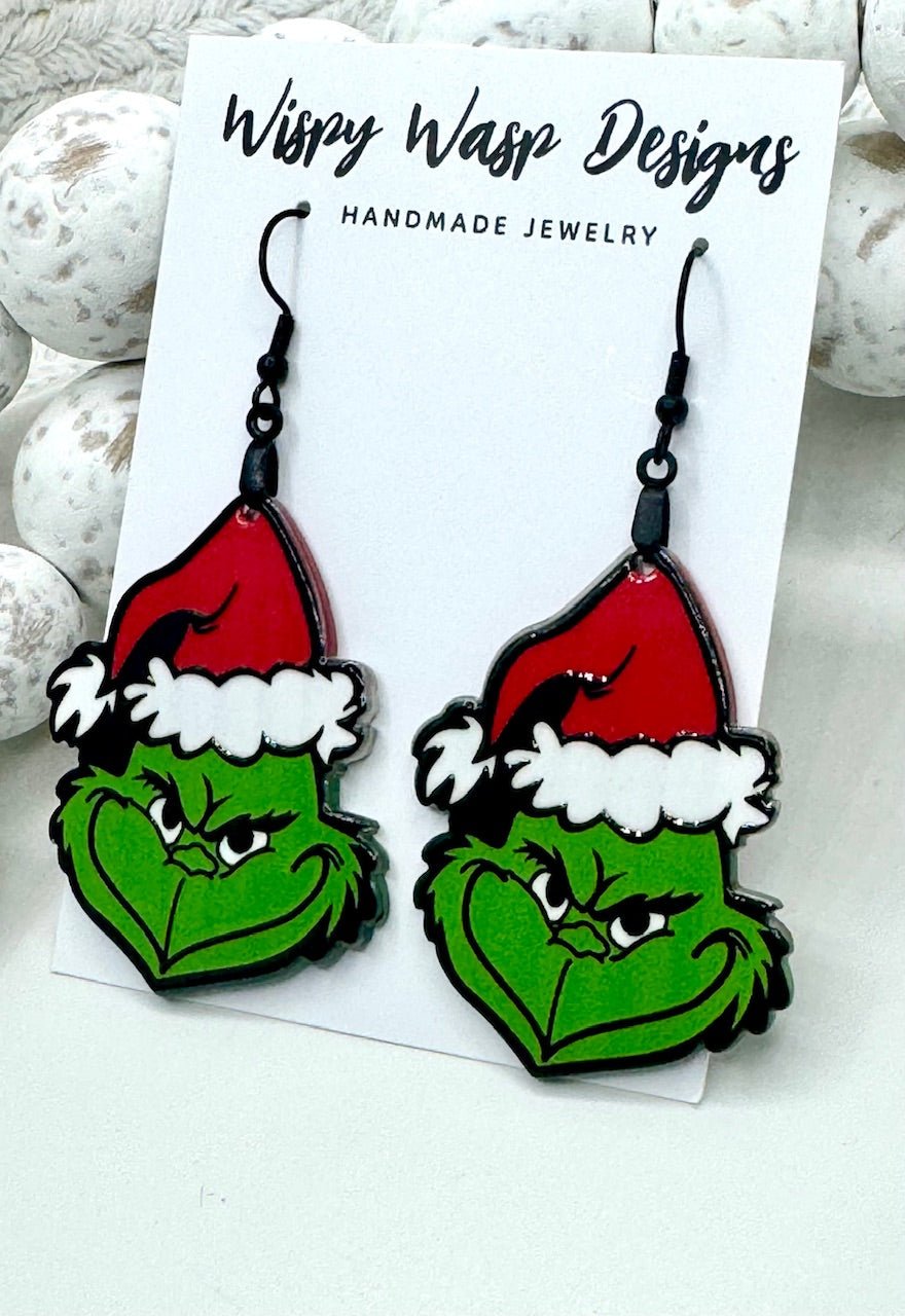 Grinch Christmas Earrings by Wispy Wasp Designs - Handmade Jewelry Holiday Fun